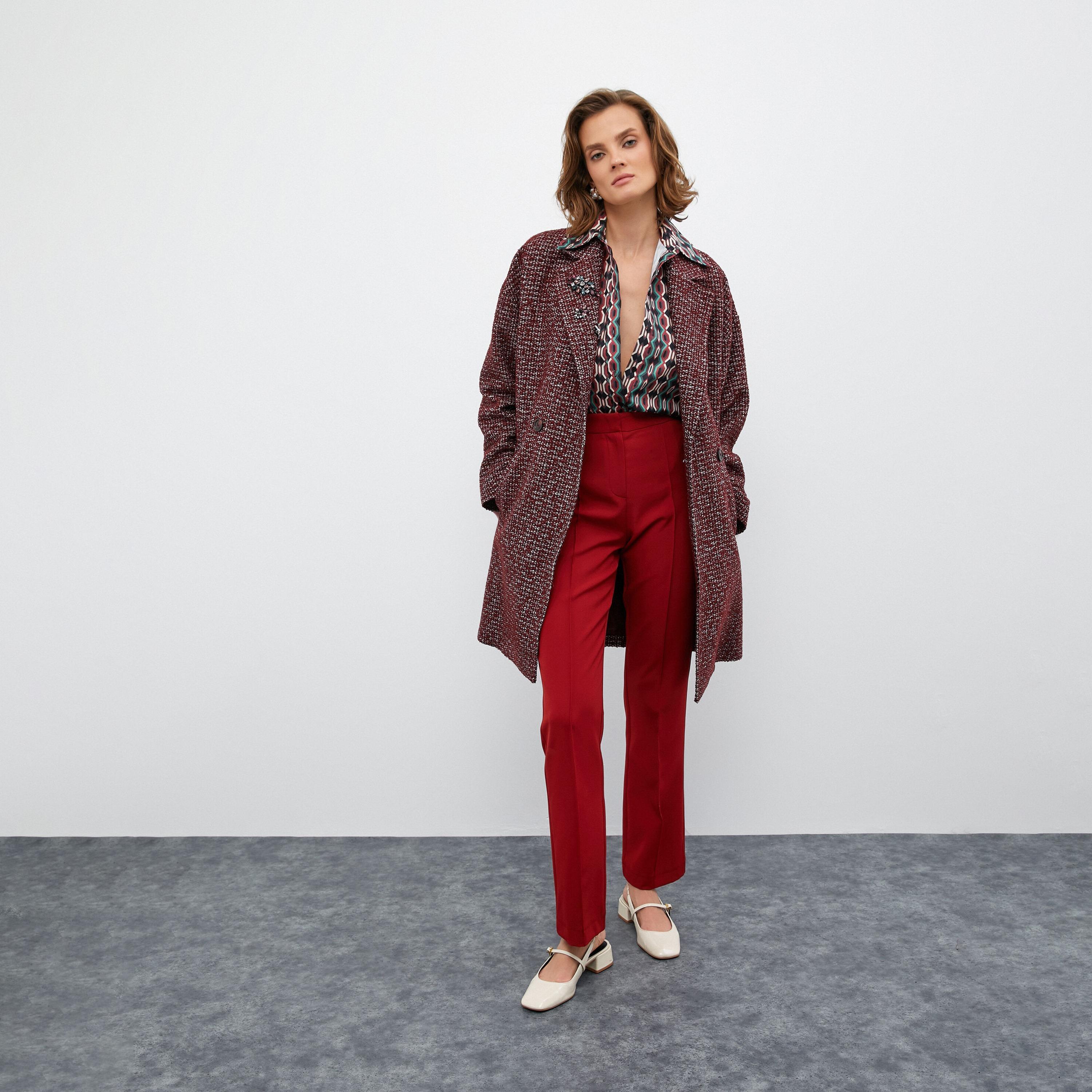 KOTON Plus Red Zip Fly Straight Women's Trousers-women-clothing-bottoms-trousers-image-2