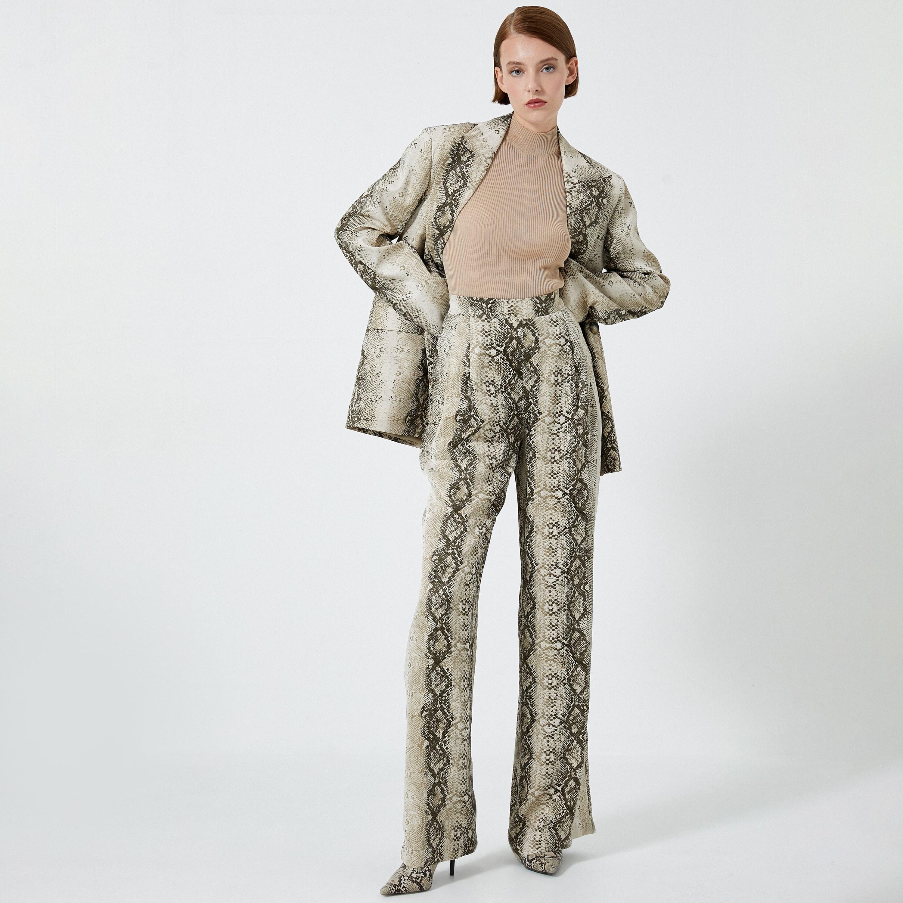 KOTON Green Snake Skin Print Zip Fly Wide Leg Women's Trousers-women-clothing-bottoms-trousers-image-2