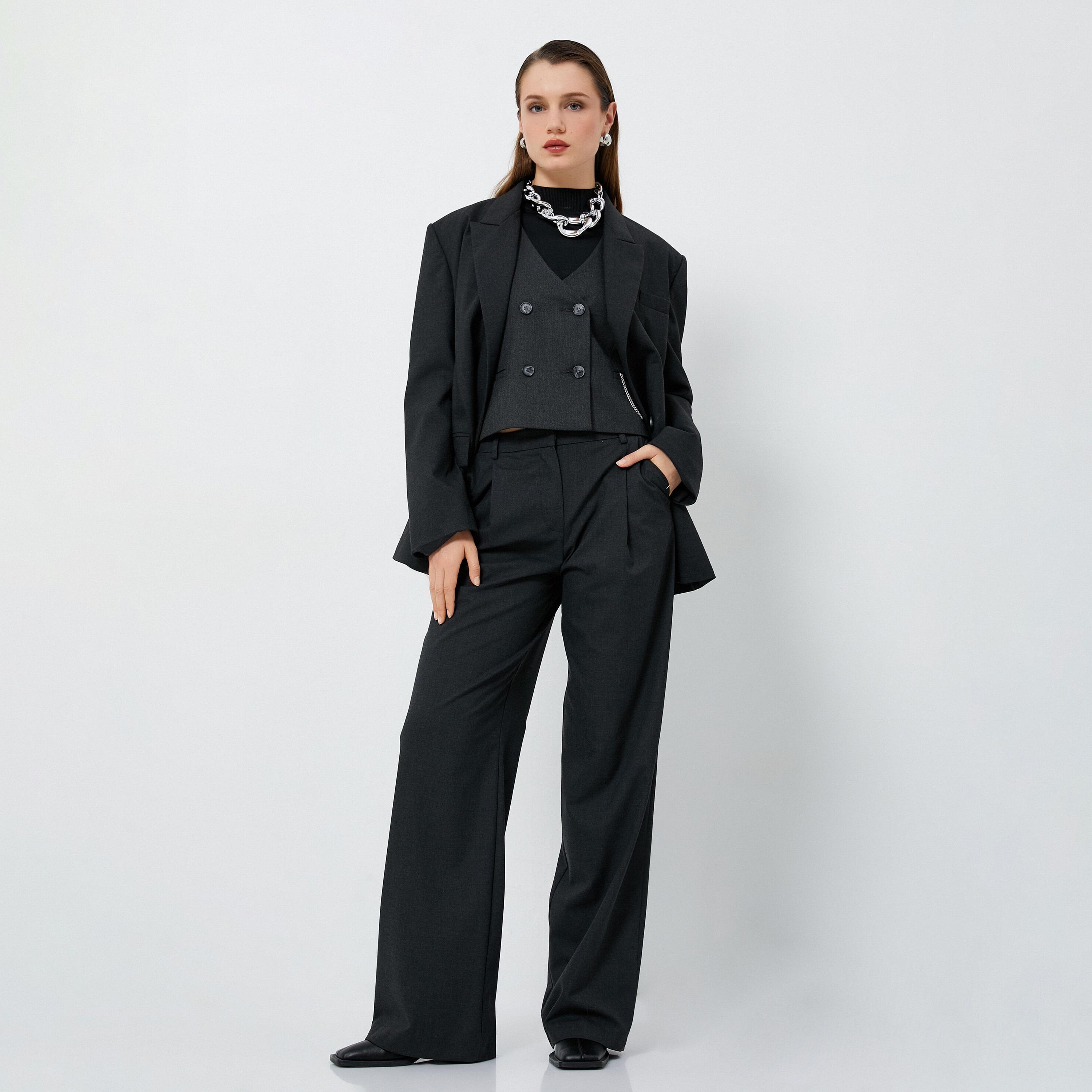 KOTON Charcoal Wide Leg Women's Trousers-women-clothing-bottoms-trousers-image-2