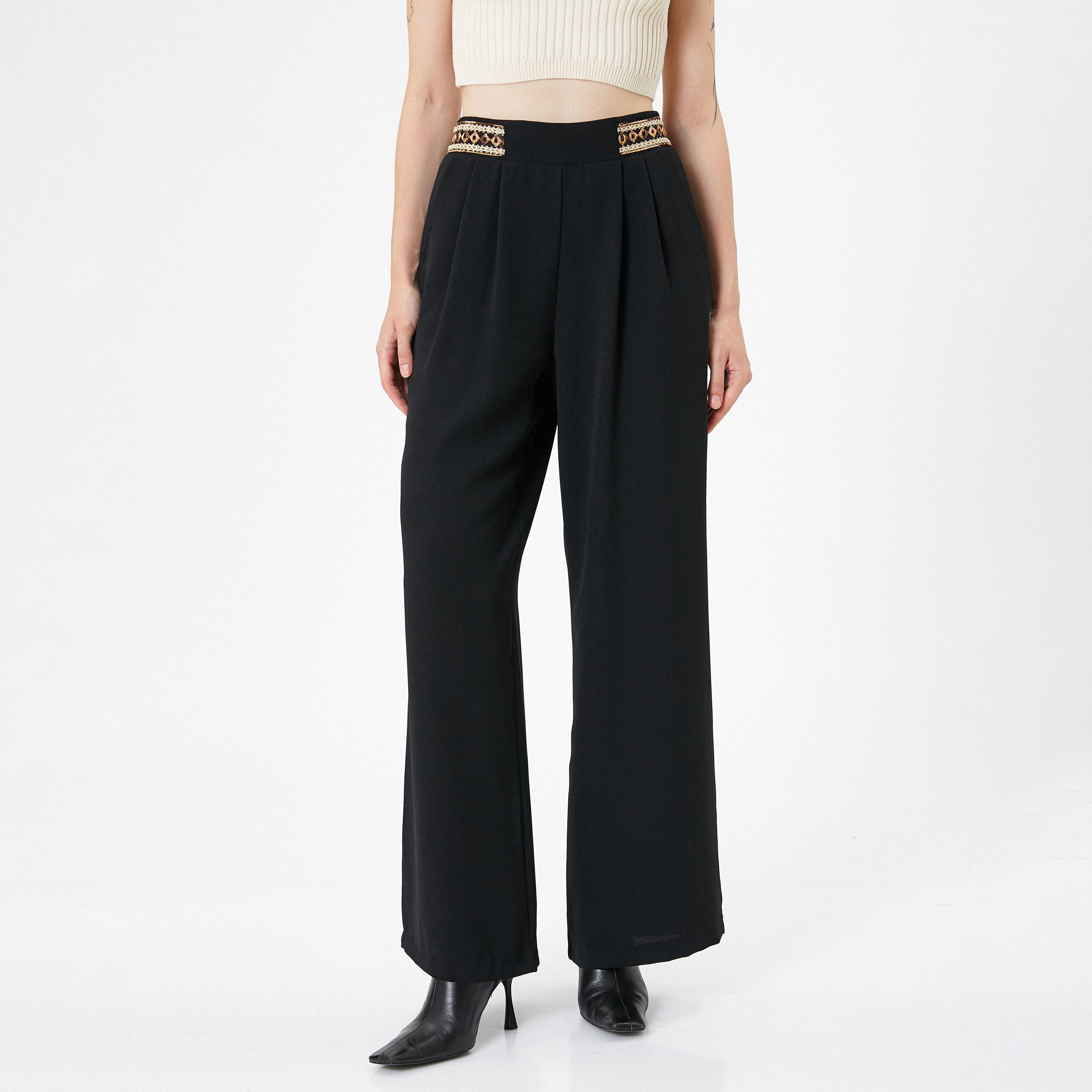 KOTON Black Wide Leg Women's Trousers-women-clothing-bottoms-trousers-image-1