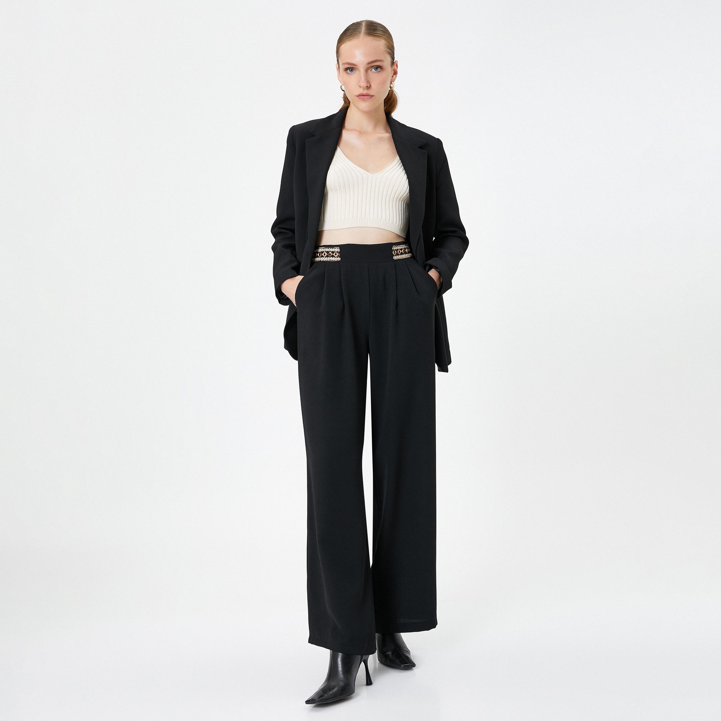 KOTON Black Wide Leg Women's Trousers-women-clothing-bottoms-trousers-image-2