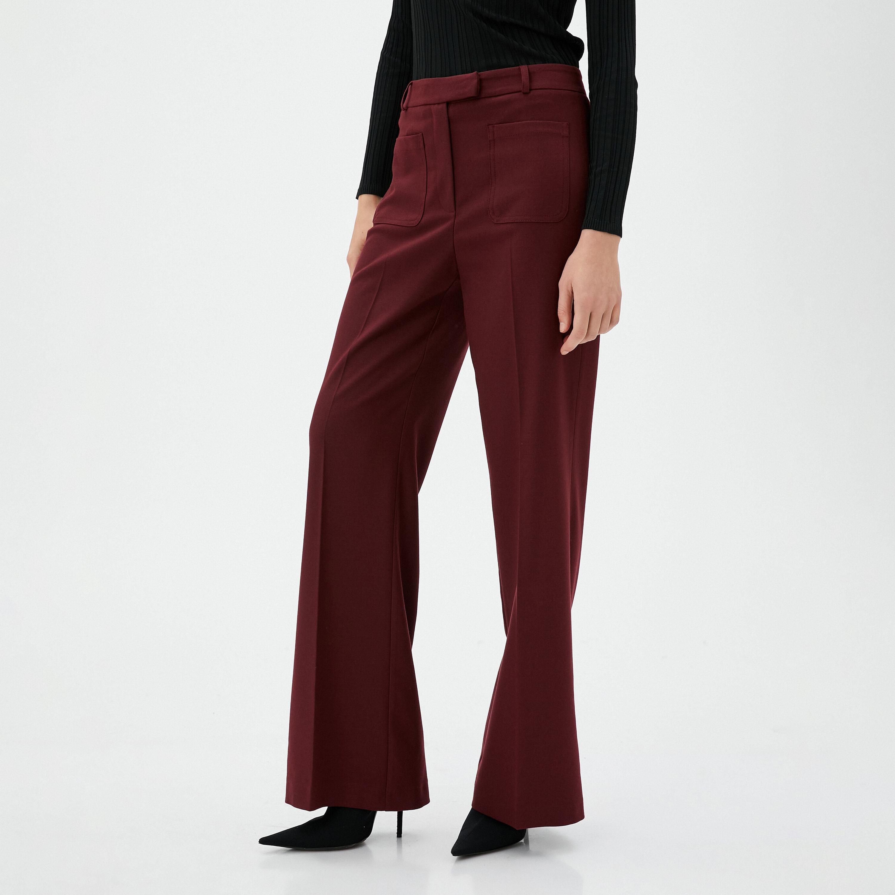 بنطال نسائي بقصة ضيقة تتسع أسفل الركبة (بوتكات) وسحاب بلون بورغندي من كوتون-women-clothing-bottoms-trousers-image-1