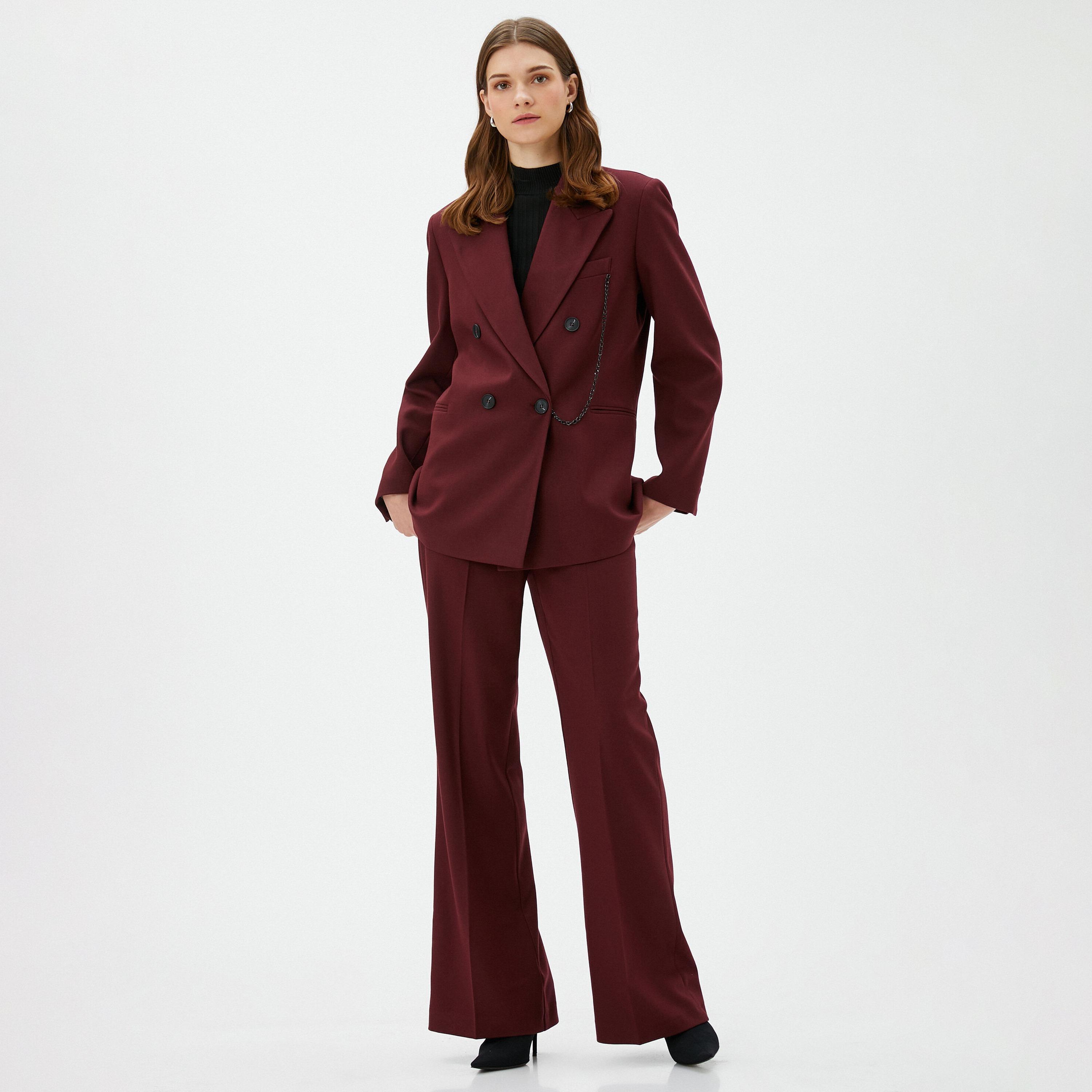 بنطال نسائي بقصة ضيقة تتسع أسفل الركبة (بوتكات) وسحاب بلون بورغندي من كوتون-women-clothing-bottoms-trousers-image-2