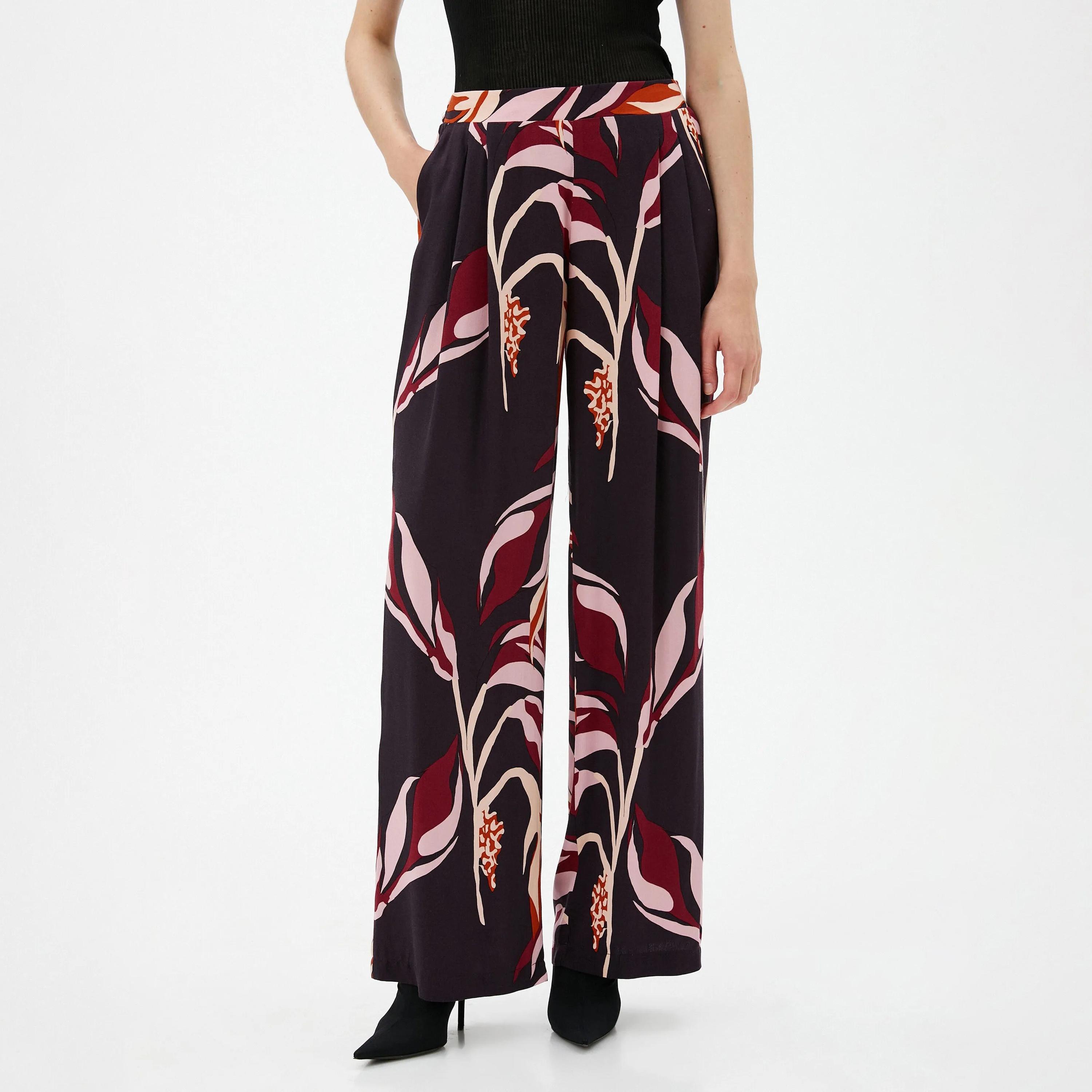 KOTON Red Printed Viscose Elasticated Waist Women's Trousers-women-clothing-bottoms-trousers-image-1
