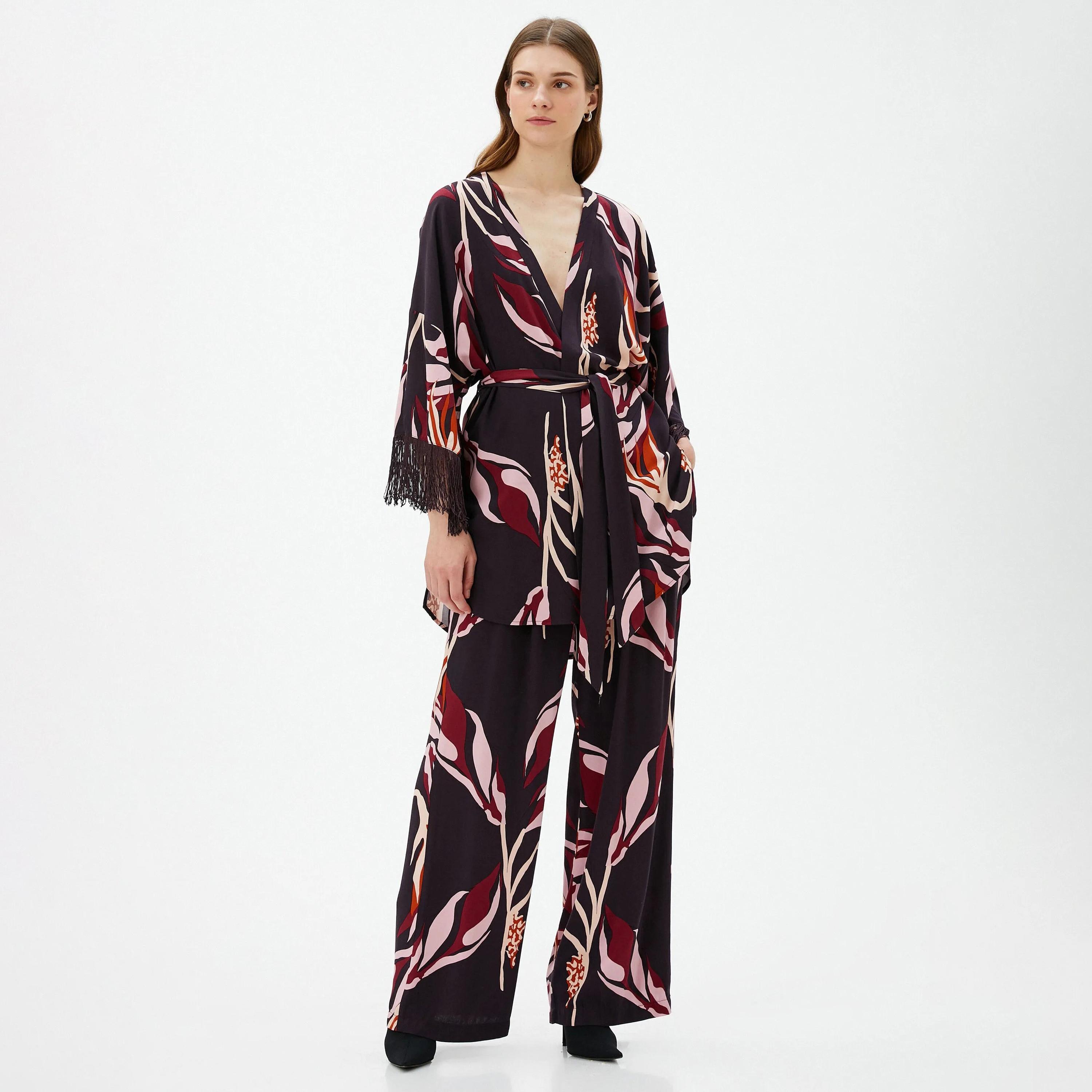 KOTON Red Printed Viscose Elasticated Waist Women's Trousers-women-clothing-bottoms-trousers-image-2