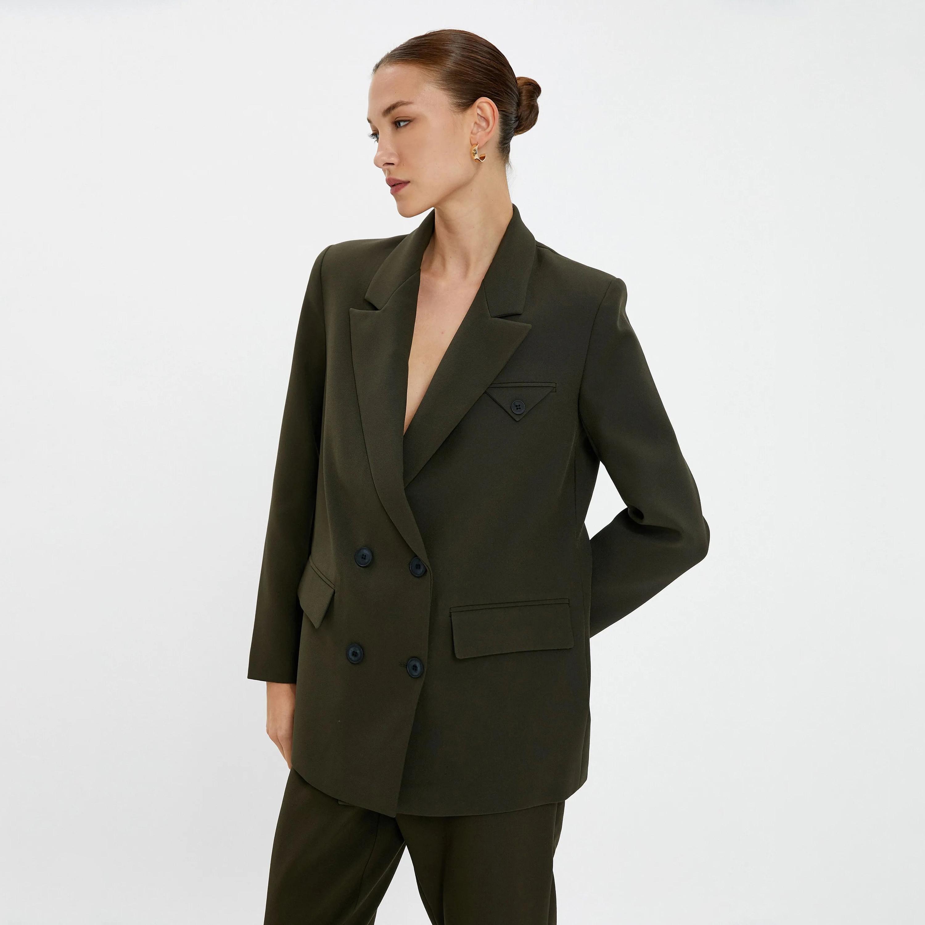 بليزر نسائي مزدوج الصدر بياقة طية صدر خضراء من كوتون-women-clothing-coatsandjackets-blazers-image-1