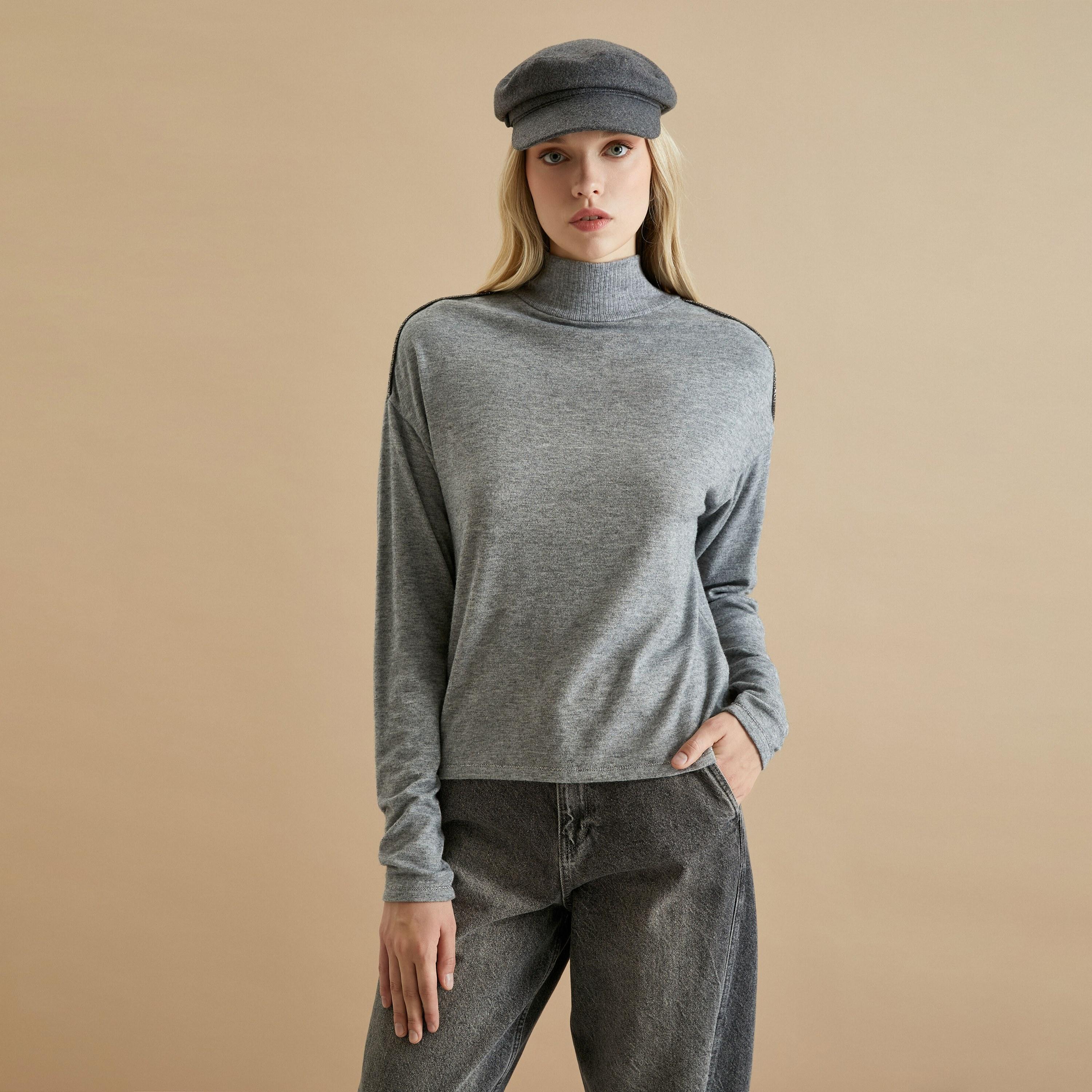 KOTON Grey Heathered Turtle Neck Women's T-Shirt-women-clothing-tshirts-image-1