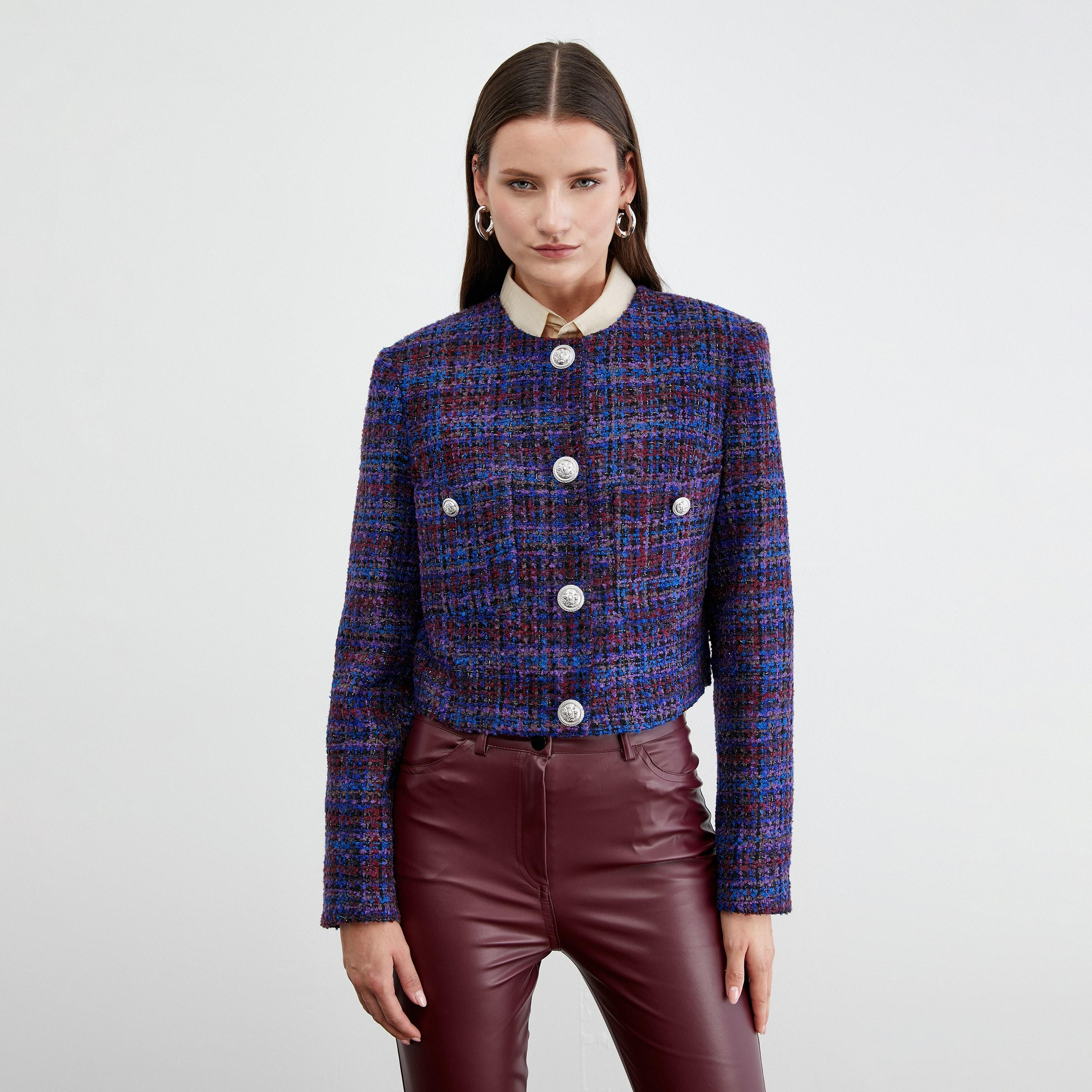 KOTON Blue Tweed Collarless Women's Jacket-women-winterwear-coatsandjackets-jackets-image-1