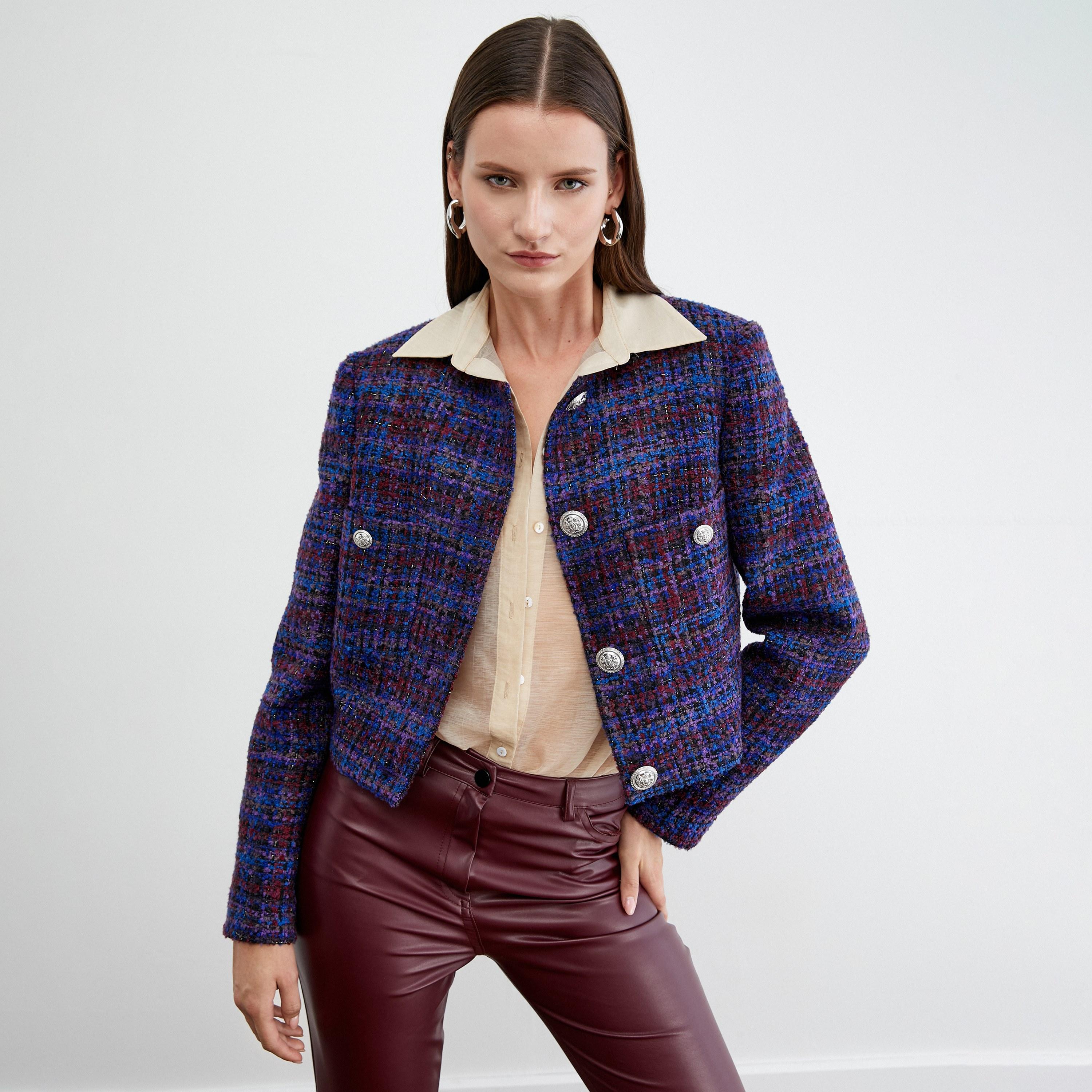 KOTON Blue Tweed Collarless Women's Jacket-women-winterwear-coatsandjackets-jackets-image-4