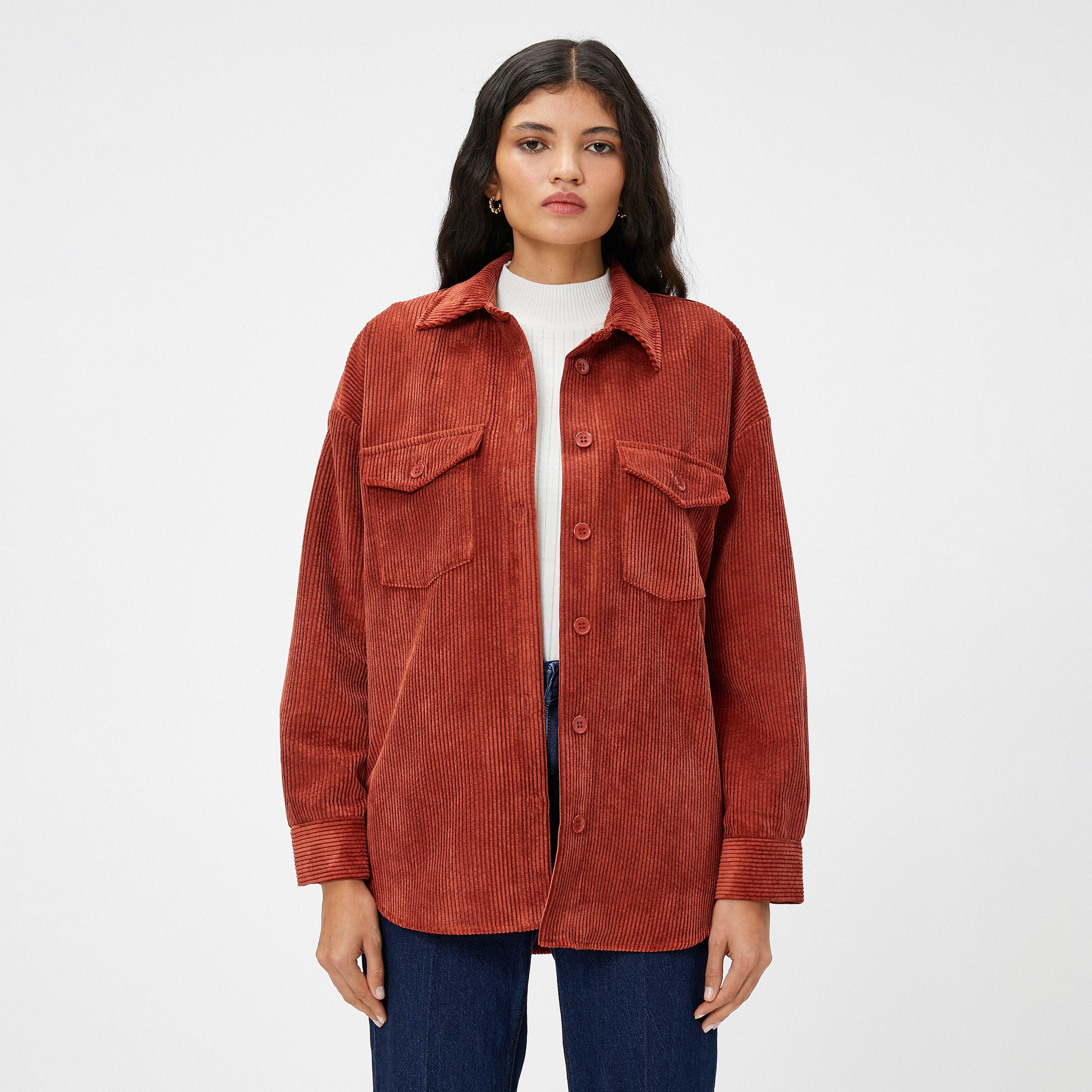 KOTON Red Corduroy Spread Collar Women's Shirt-women-clothing-shirtsandblouses-shirts-image-1