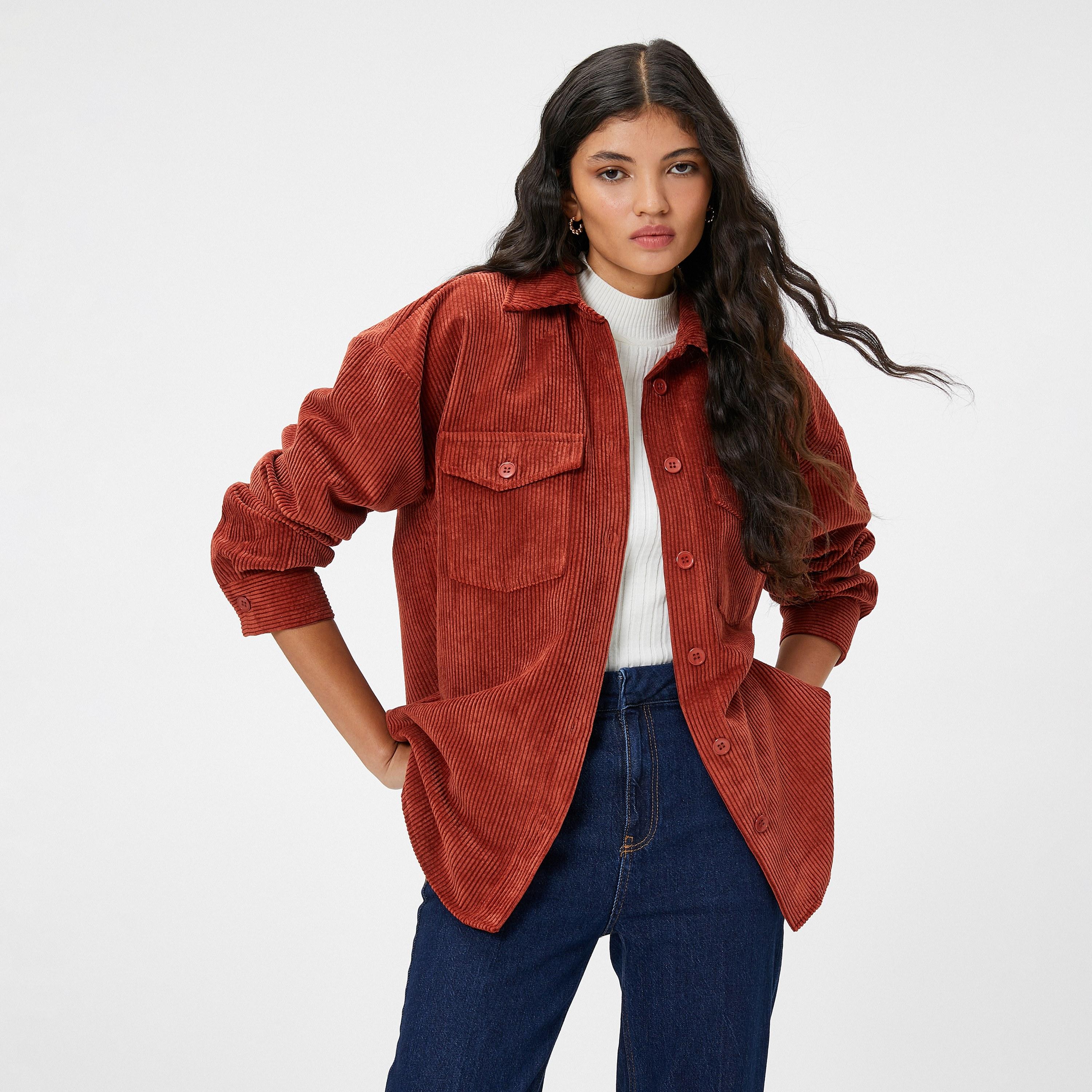 KOTON Red Corduroy Spread Collar Women's Shirt-women-clothing-shirtsandblouses-shirts-image-2