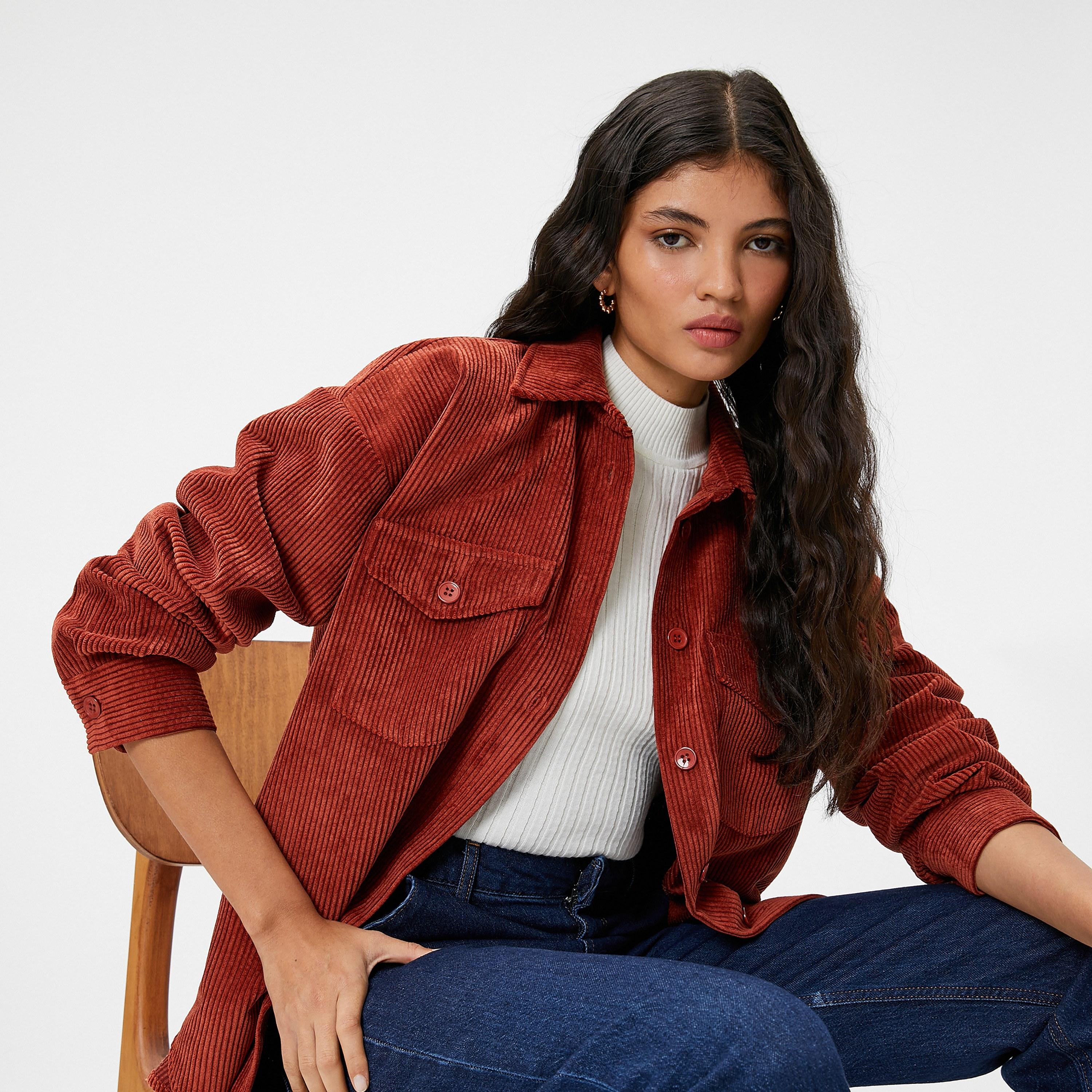 KOTON Red Corduroy Spread Collar Women's Shirt-women-clothing-shirtsandblouses-shirts-image-4