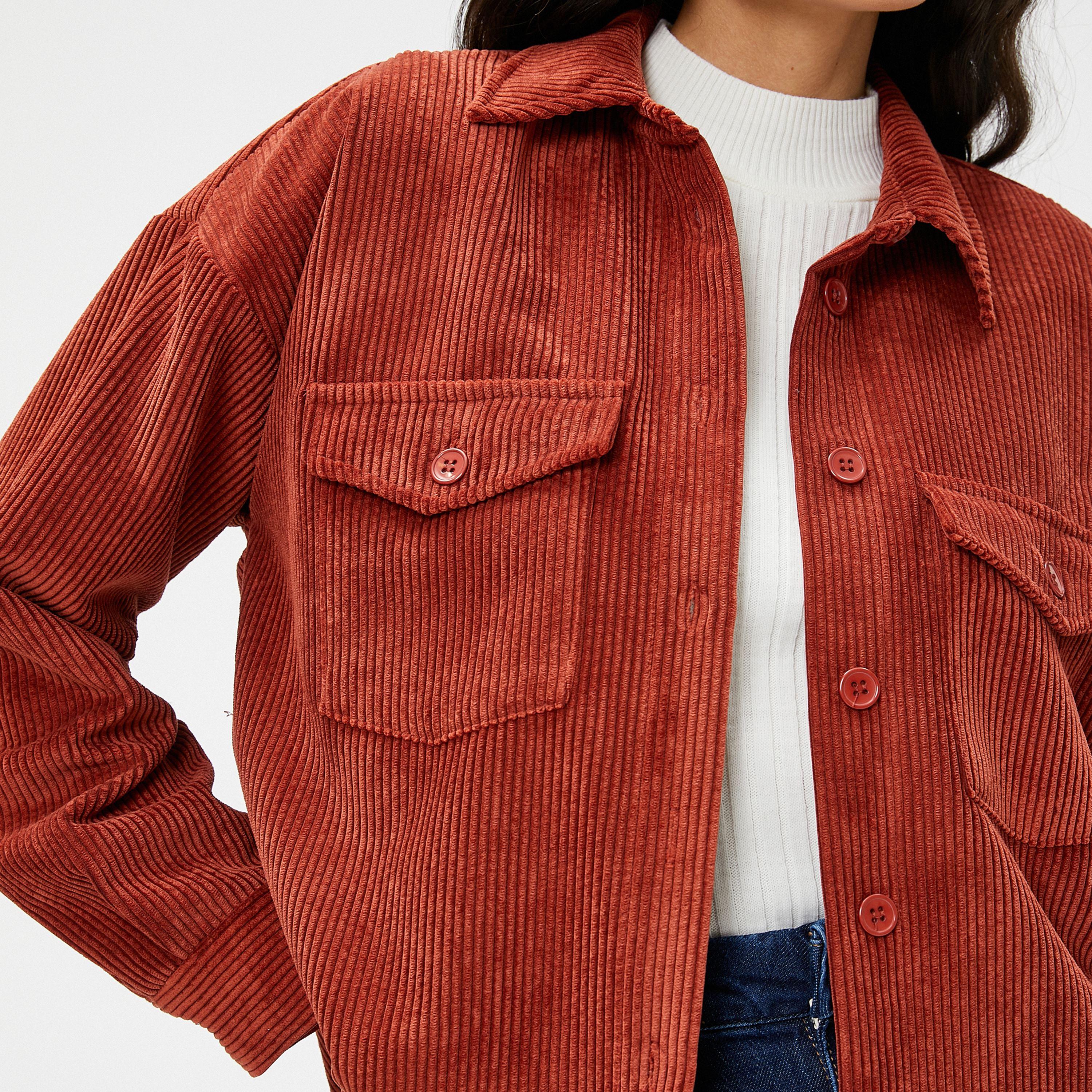 KOTON Red Corduroy Spread Collar Women's Shirt-women-clothing-shirtsandblouses-shirts-image-5