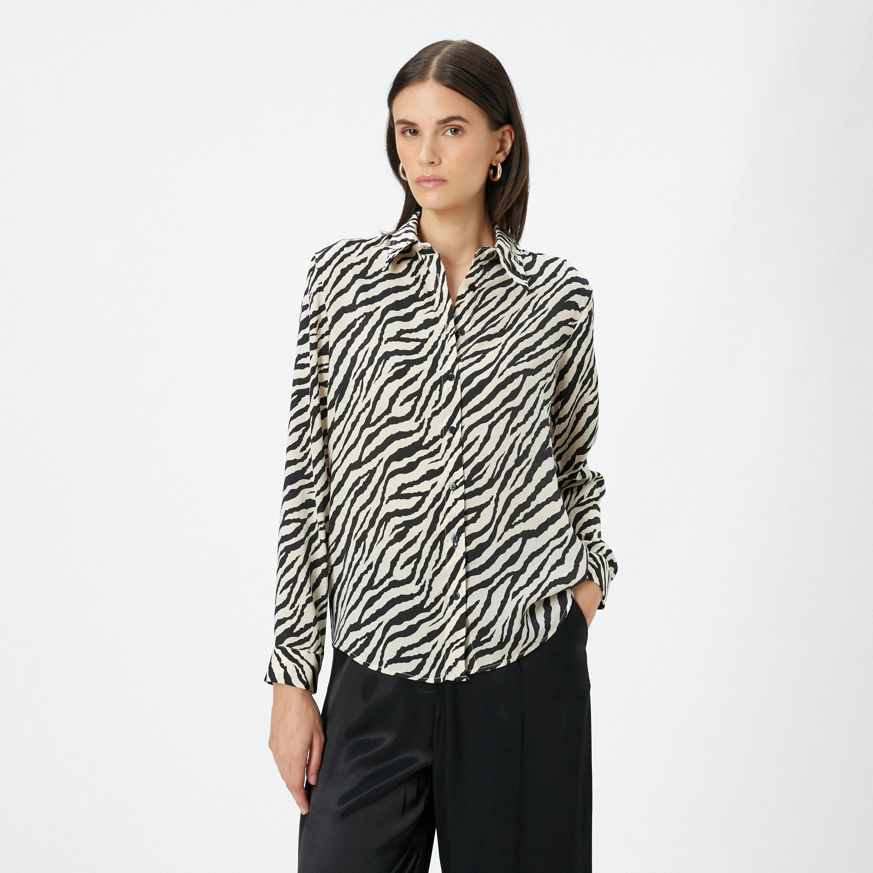 KOTON Black Abstract Print Collared Women's Shirt-women-clothing-shirtsandblouses-shirts-image-1
