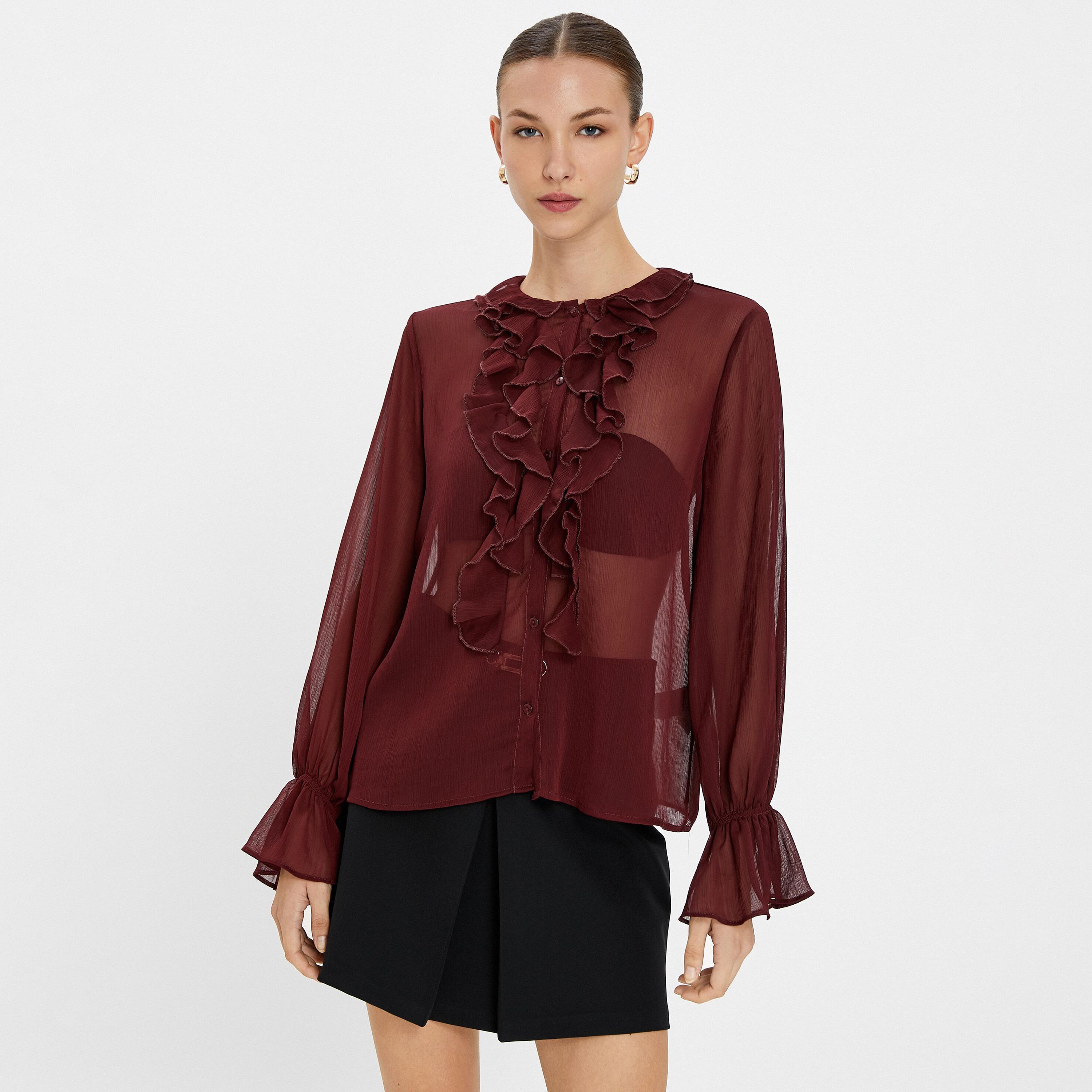 بلوزة نسائية مكشكشة بلون بورغندي من كوتون-women-clothing-shirtsandblouses-blouses-image-1