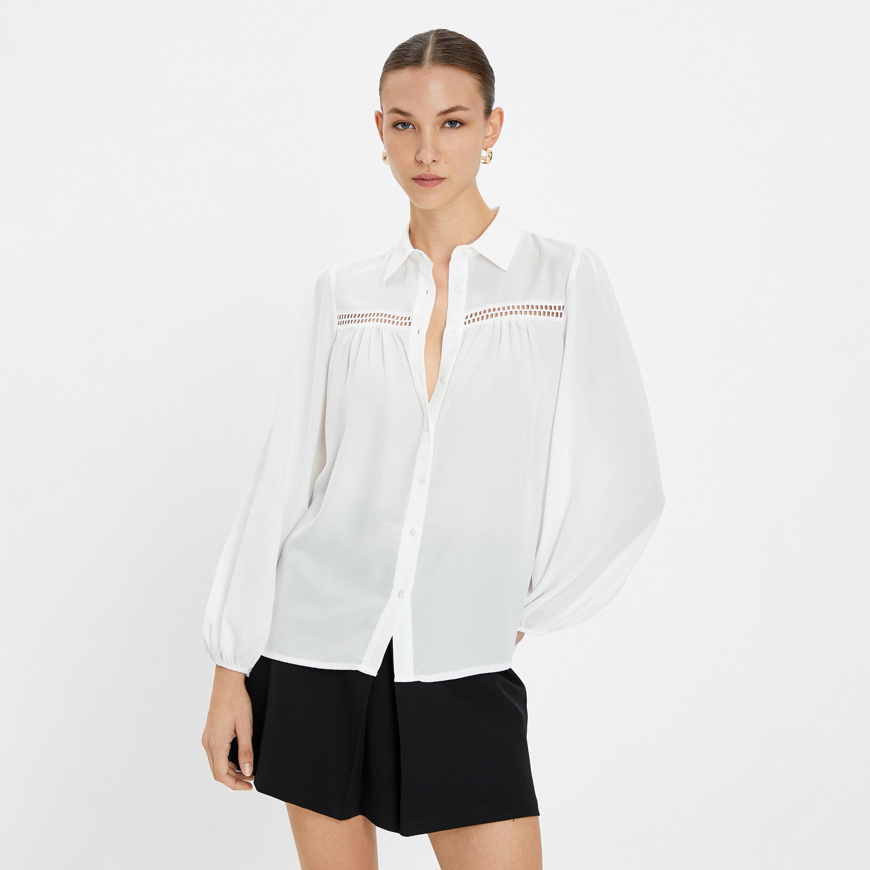 KOTON White Lace Detailed Spread Collar Women's Shirt-women-clothing-shirtsandblouses-shirts-image-1