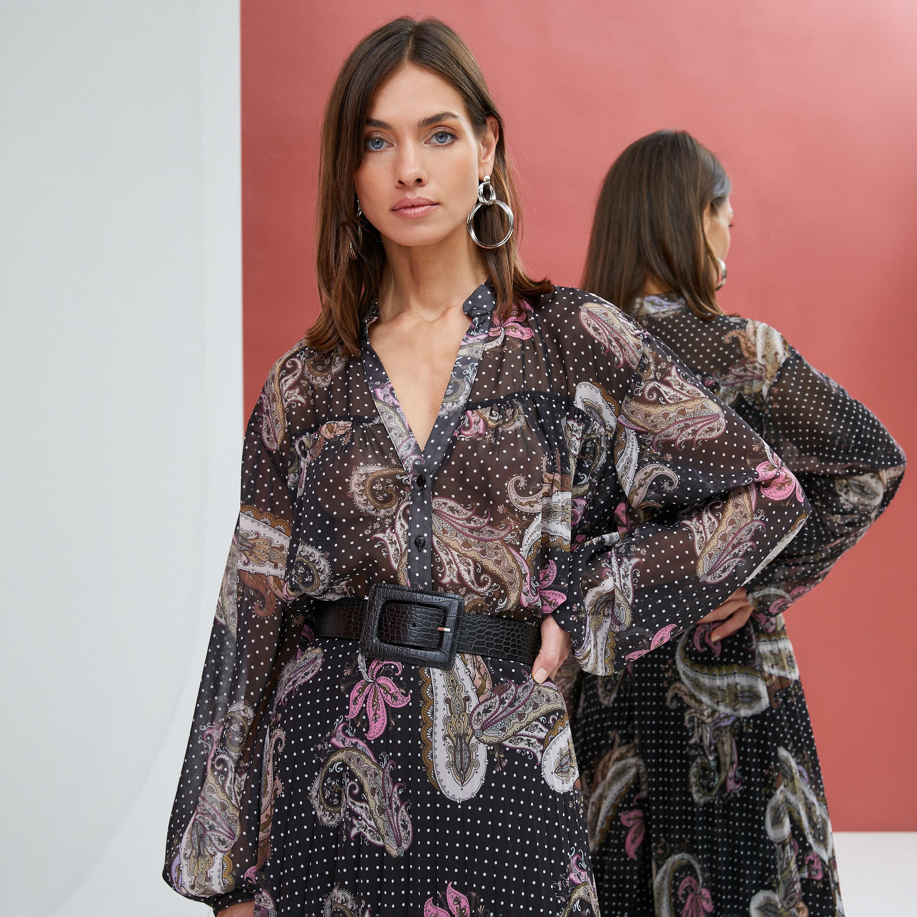 KOTON Purple Paisley Polka Dot Mandarin Collar Bishop Sleeves Women's Shirt-women-clothing-shirtsandblouses-shirts-image-4