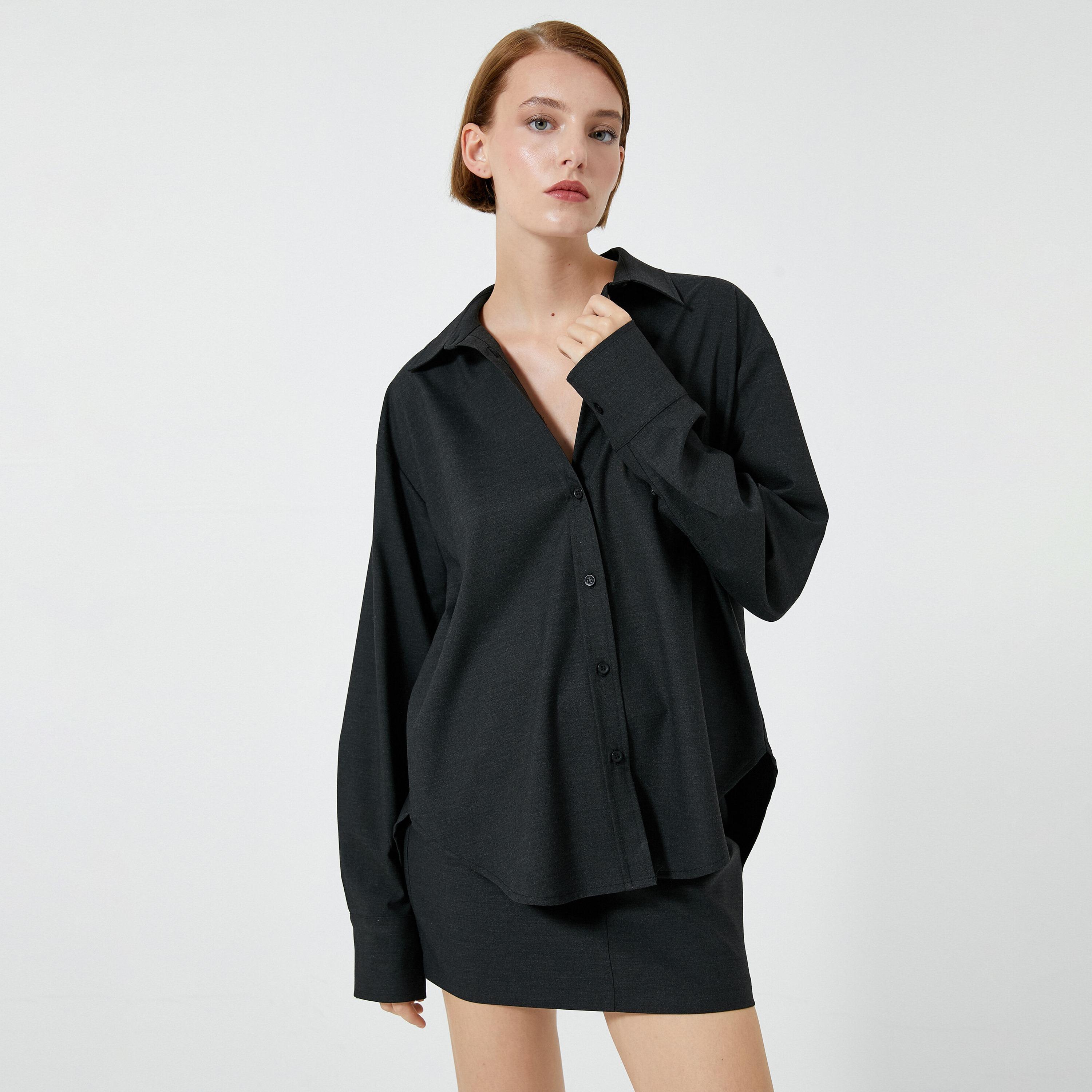 KOTON Charcoal Spread Collar Women's Shirt-women-clothing-shirtsandblouses-shirts-image-1