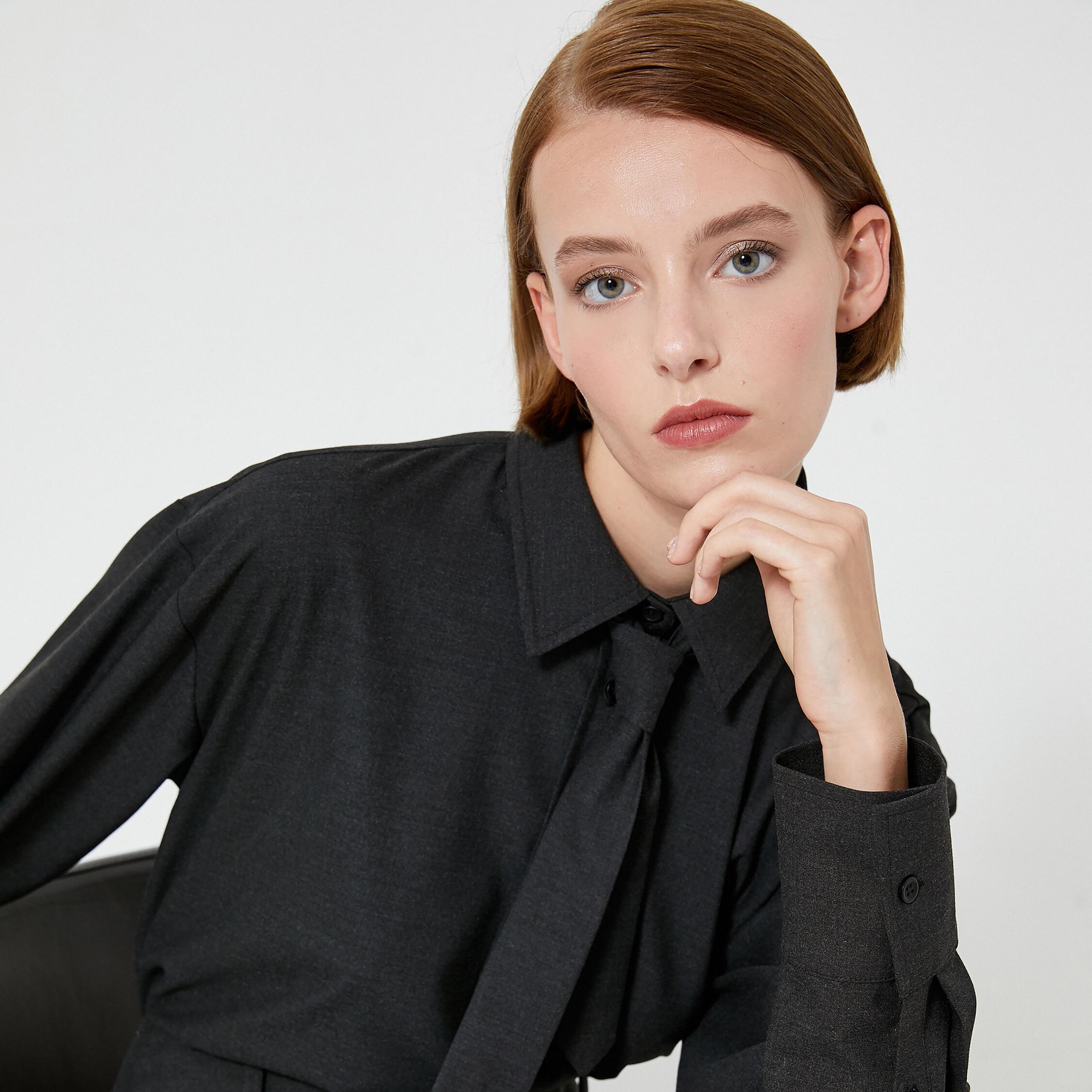 KOTON Charcoal Spread Collar Women's Shirt-women-clothing-shirtsandblouses-shirts-image-2