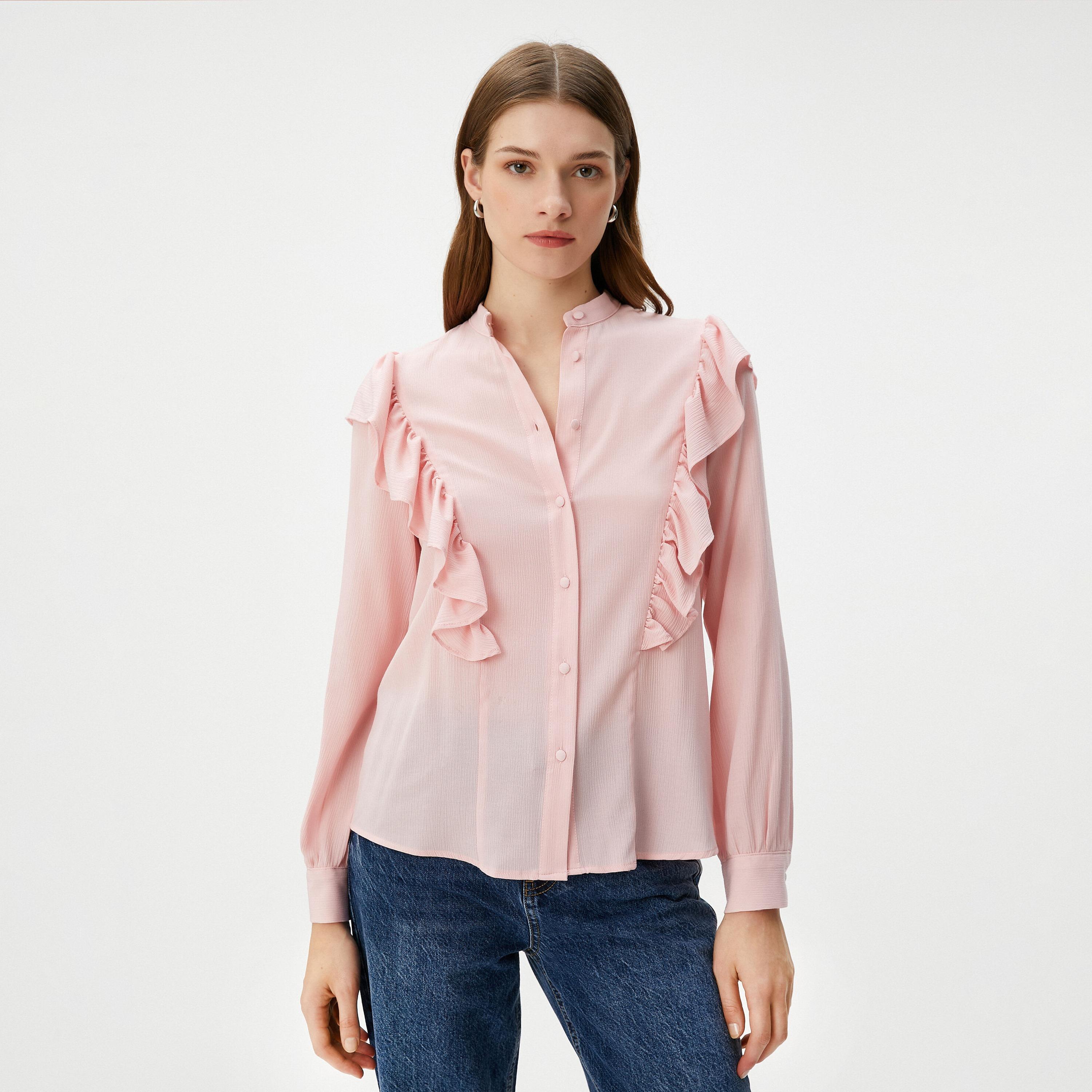 KOTON Pink Ruffled Mandarin Collar Cuffed Sleeves Women's Top-women-clothing-shirtsandblouses-blouses-image-1