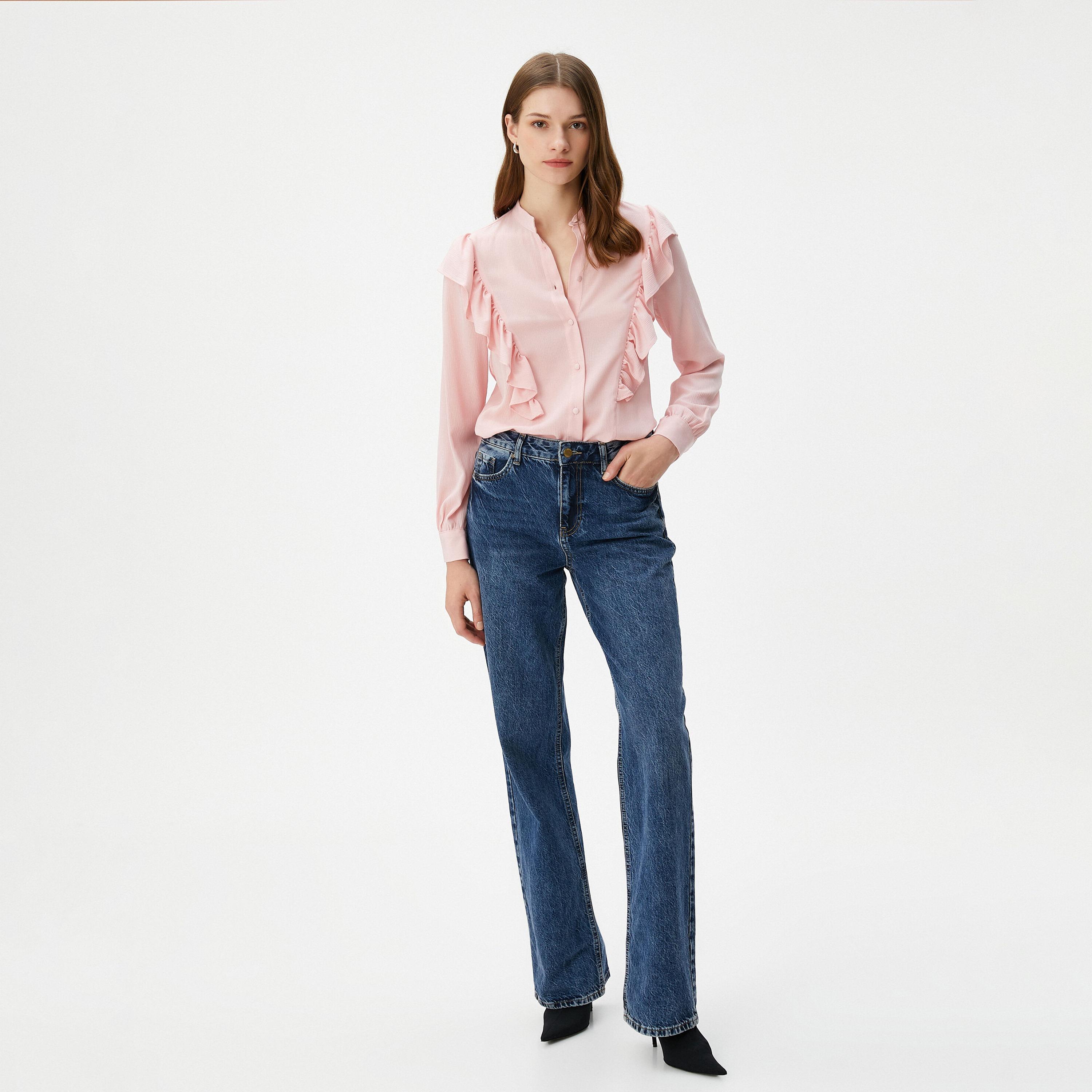 KOTON Pink Ruffled Mandarin Collar Cuffed Sleeves Women's Top-women-clothing-shirtsandblouses-blouses-image-2