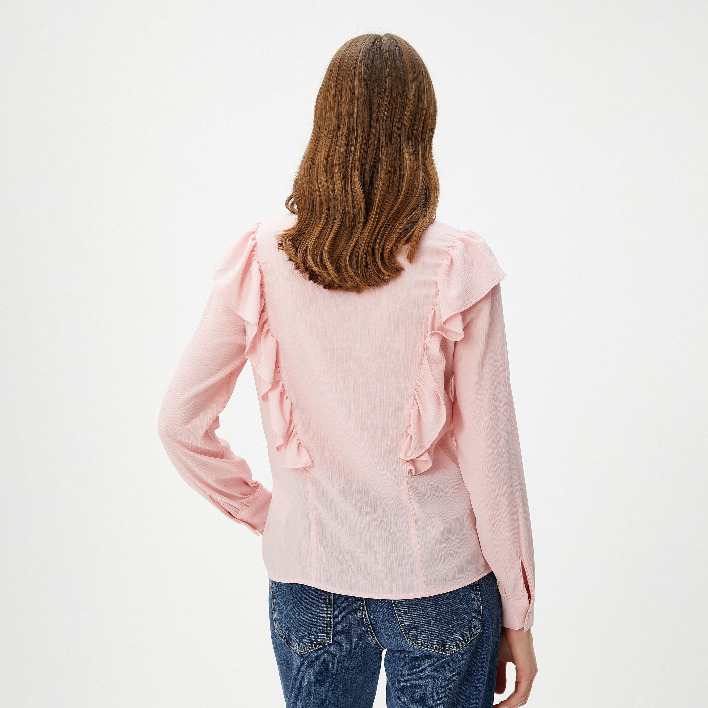 KOTON Pink Ruffled Mandarin Collar Cuffed Sleeves Women's Top-women-clothing-shirtsandblouses-blouses-image-3