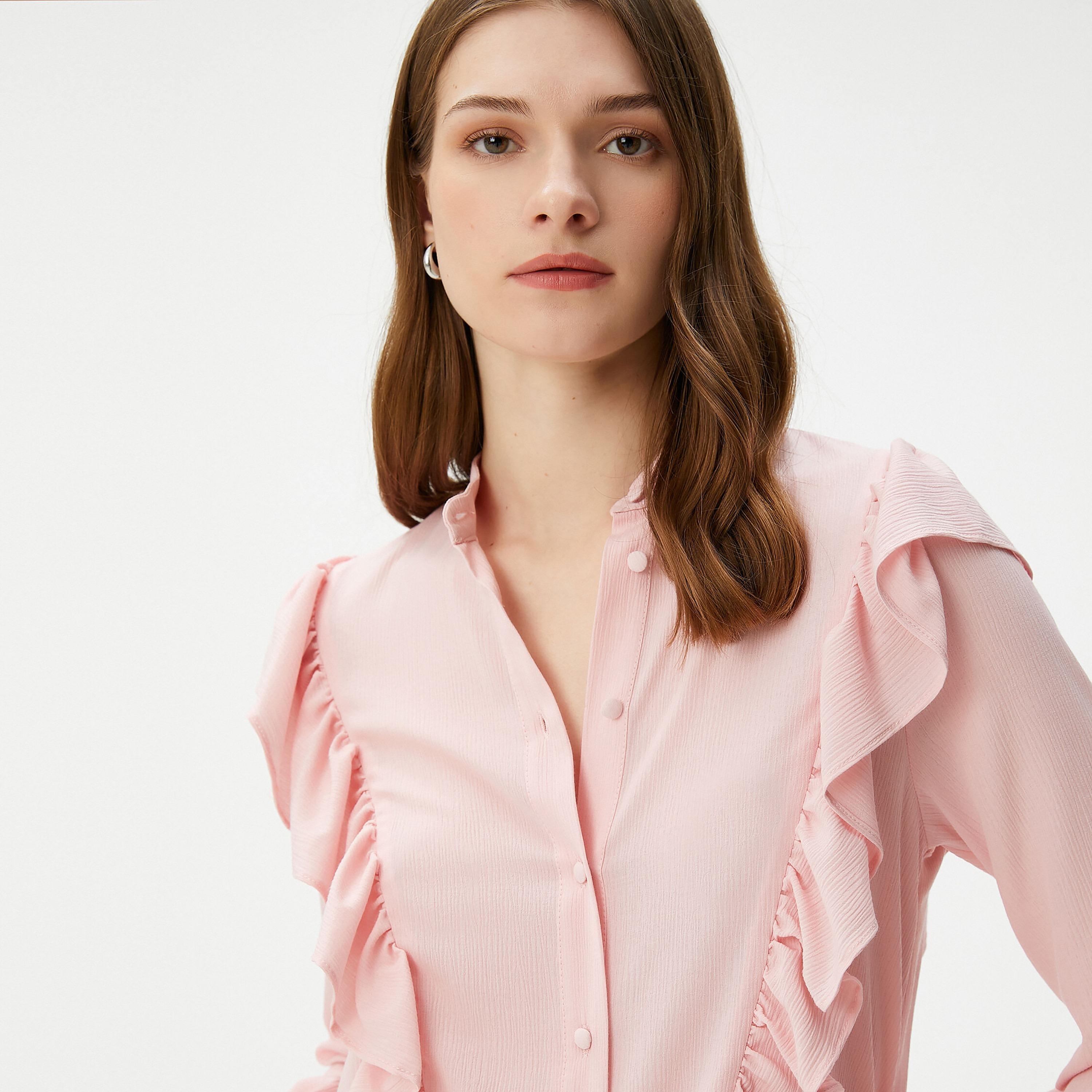 KOTON Pink Ruffled Mandarin Collar Cuffed Sleeves Women's Top-women-clothing-shirtsandblouses-blouses-image-4