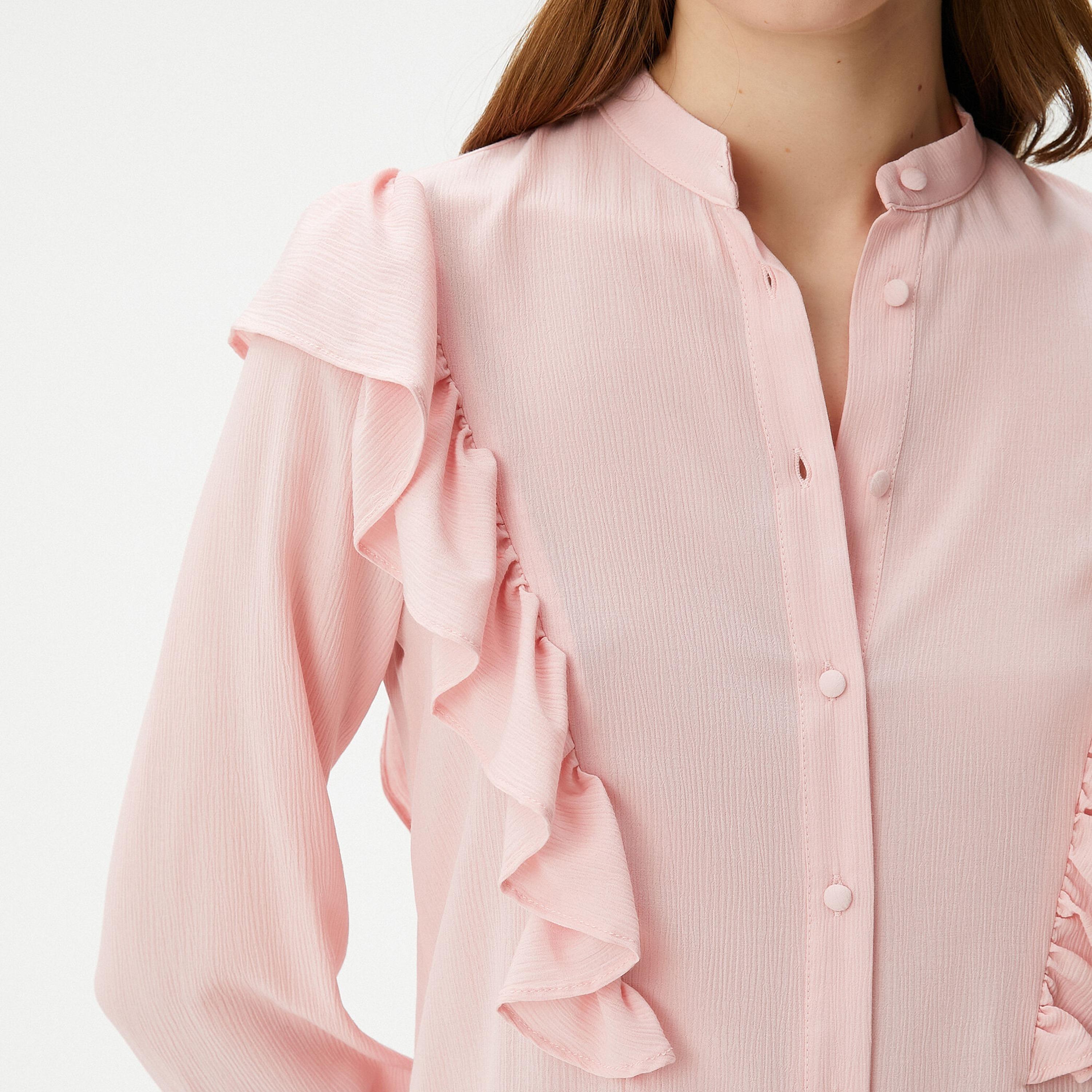 KOTON Pink Ruffled Mandarin Collar Cuffed Sleeves Women's Top-women-clothing-shirtsandblouses-blouses-image-5