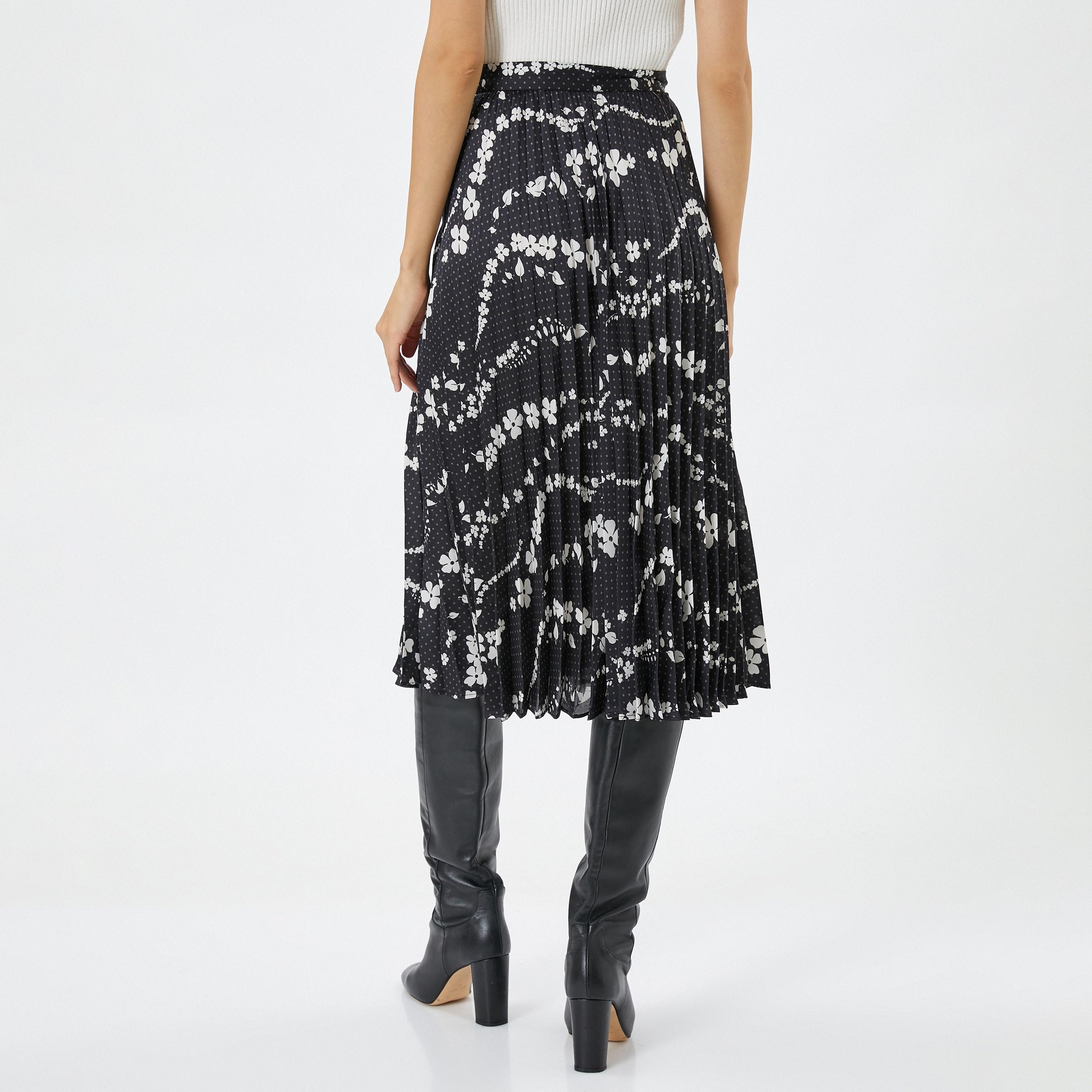 KOTON Black Floral Print Chiffon Pleated Women's Skirt-women-clothing-bottoms-skirts-image-3