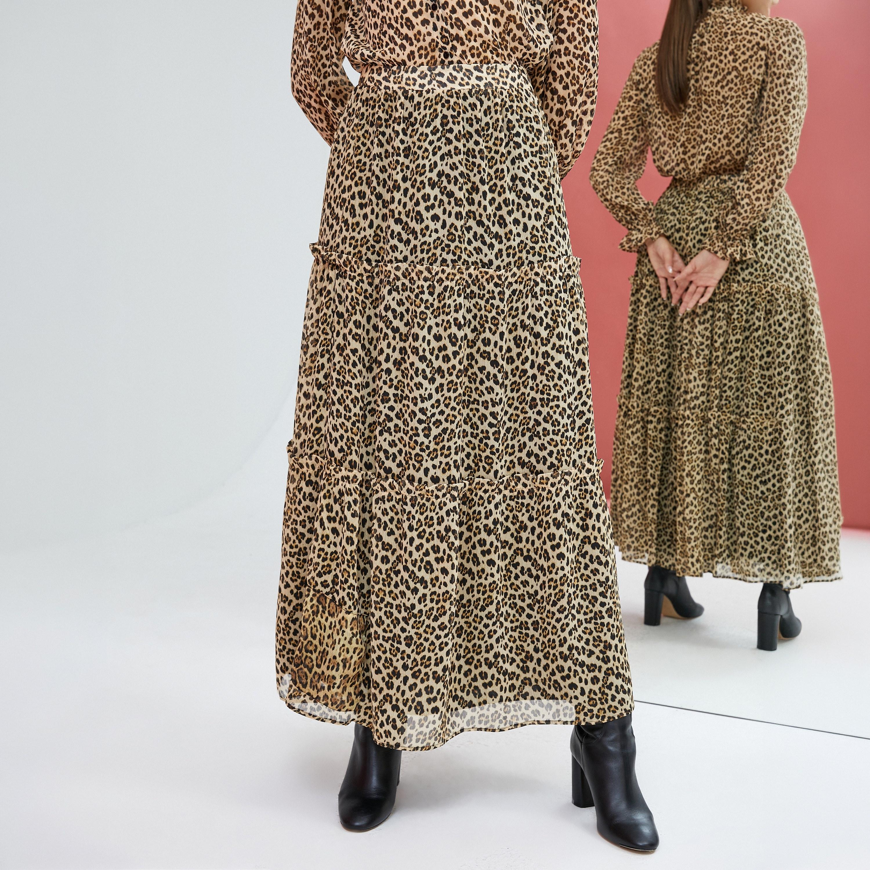 KOTON Brown Leopard Chiffon Tiered Women's Skirt-women-clothing-bottoms-skirts-image-1
