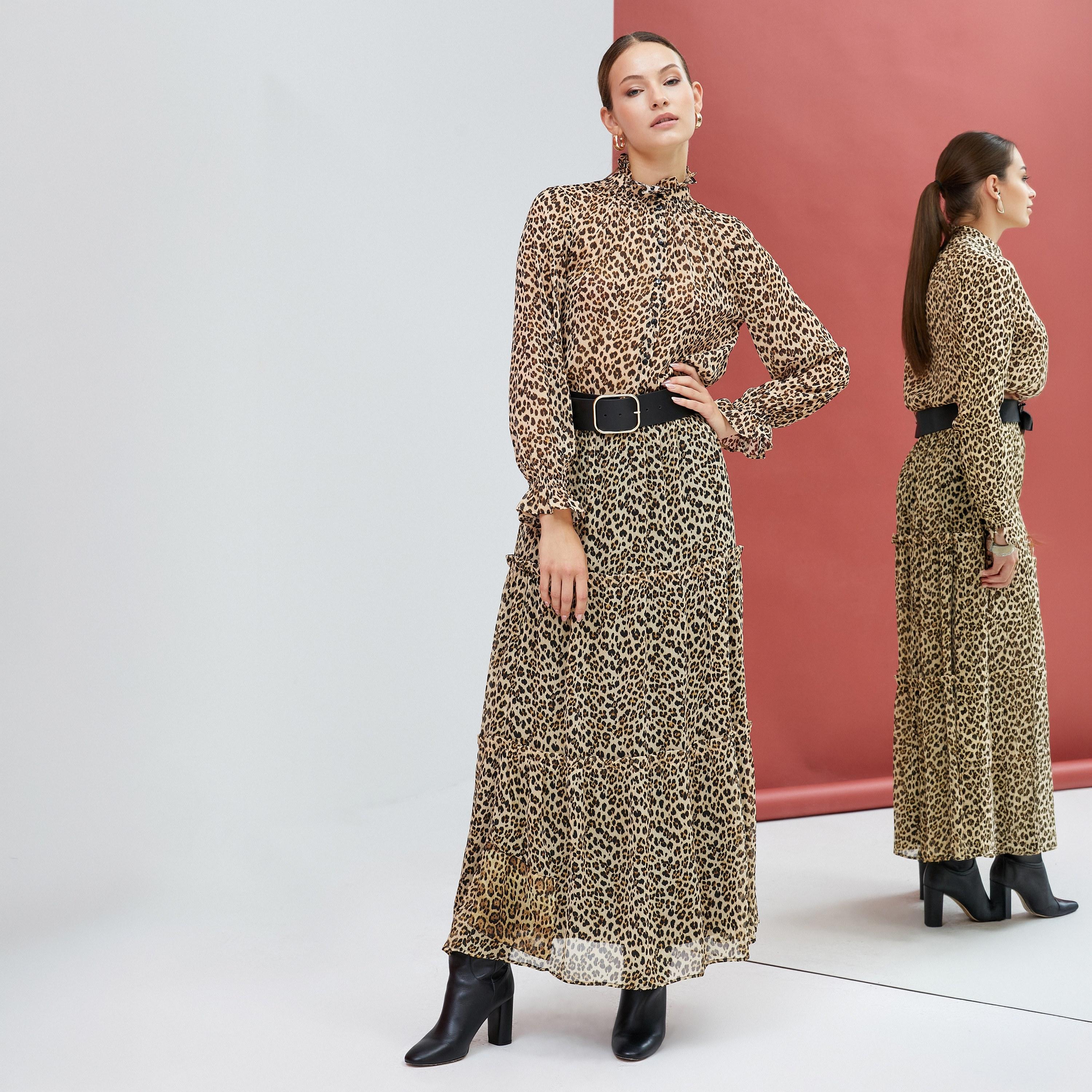 KOTON Brown Leopard Chiffon Tiered Women's Skirt-women-clothing-bottoms-skirts-image-2
