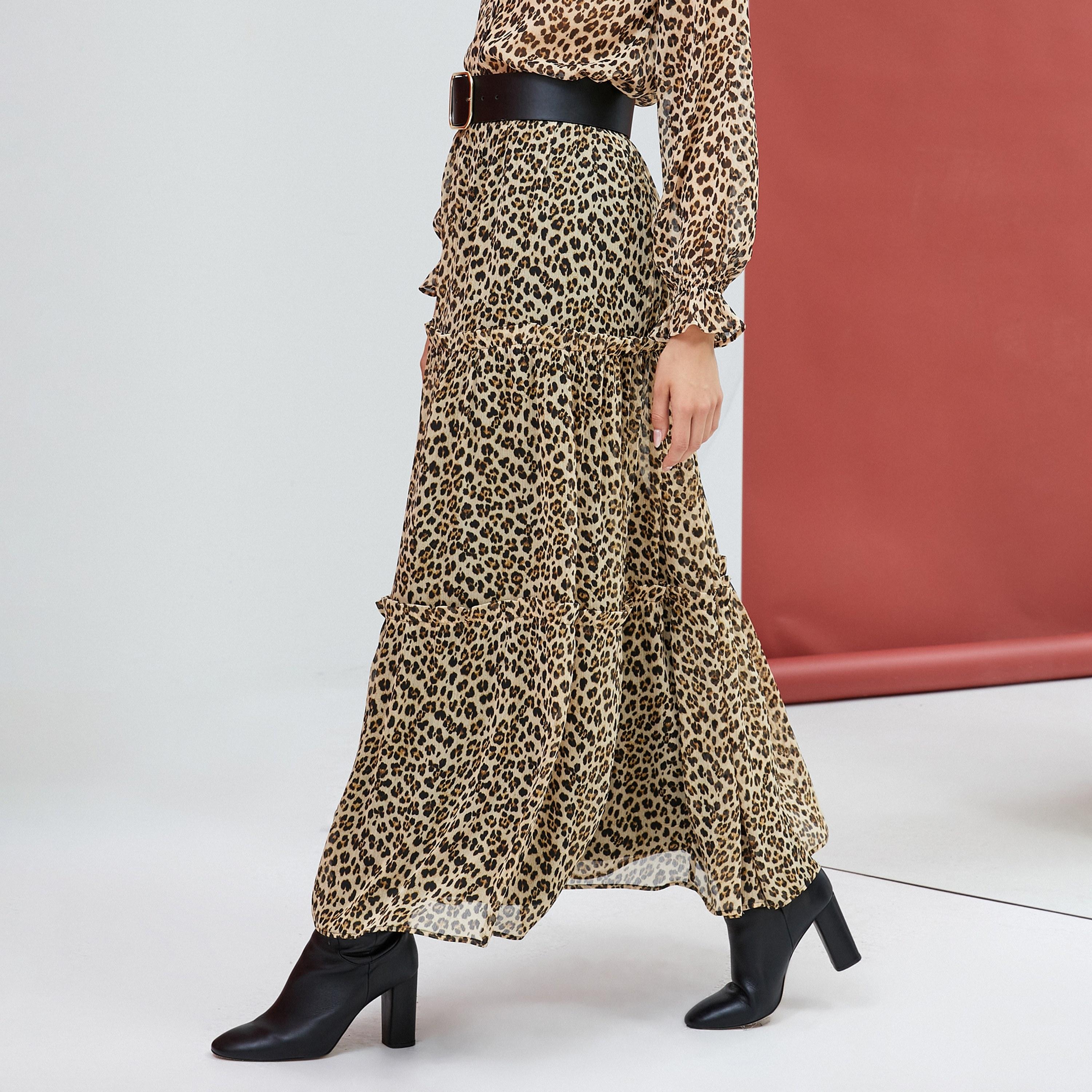 KOTON Brown Leopard Chiffon Tiered Women's Skirt-women-clothing-bottoms-skirts-image-3