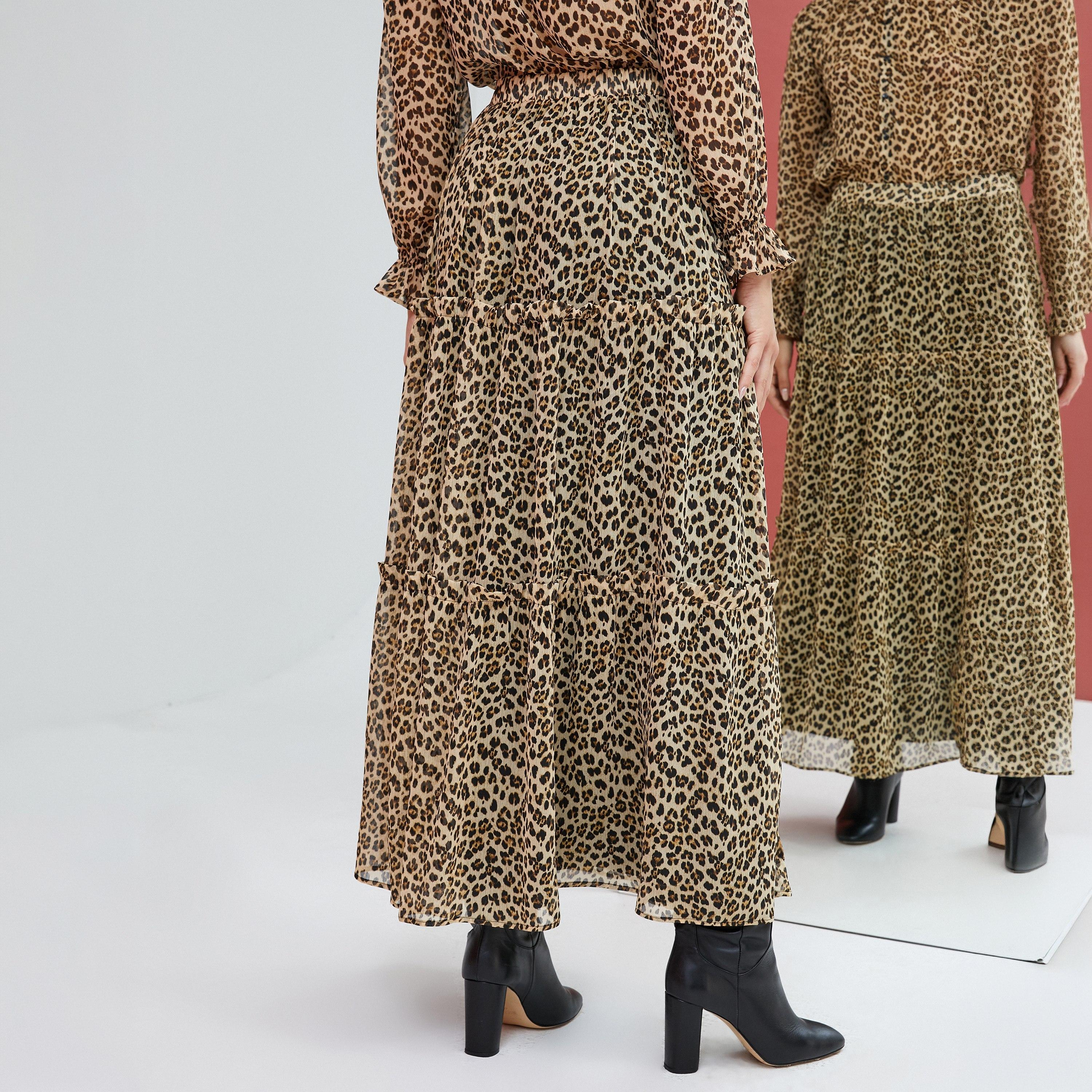 KOTON Brown Leopard Chiffon Tiered Women's Skirt-women-clothing-bottoms-skirts-image-4