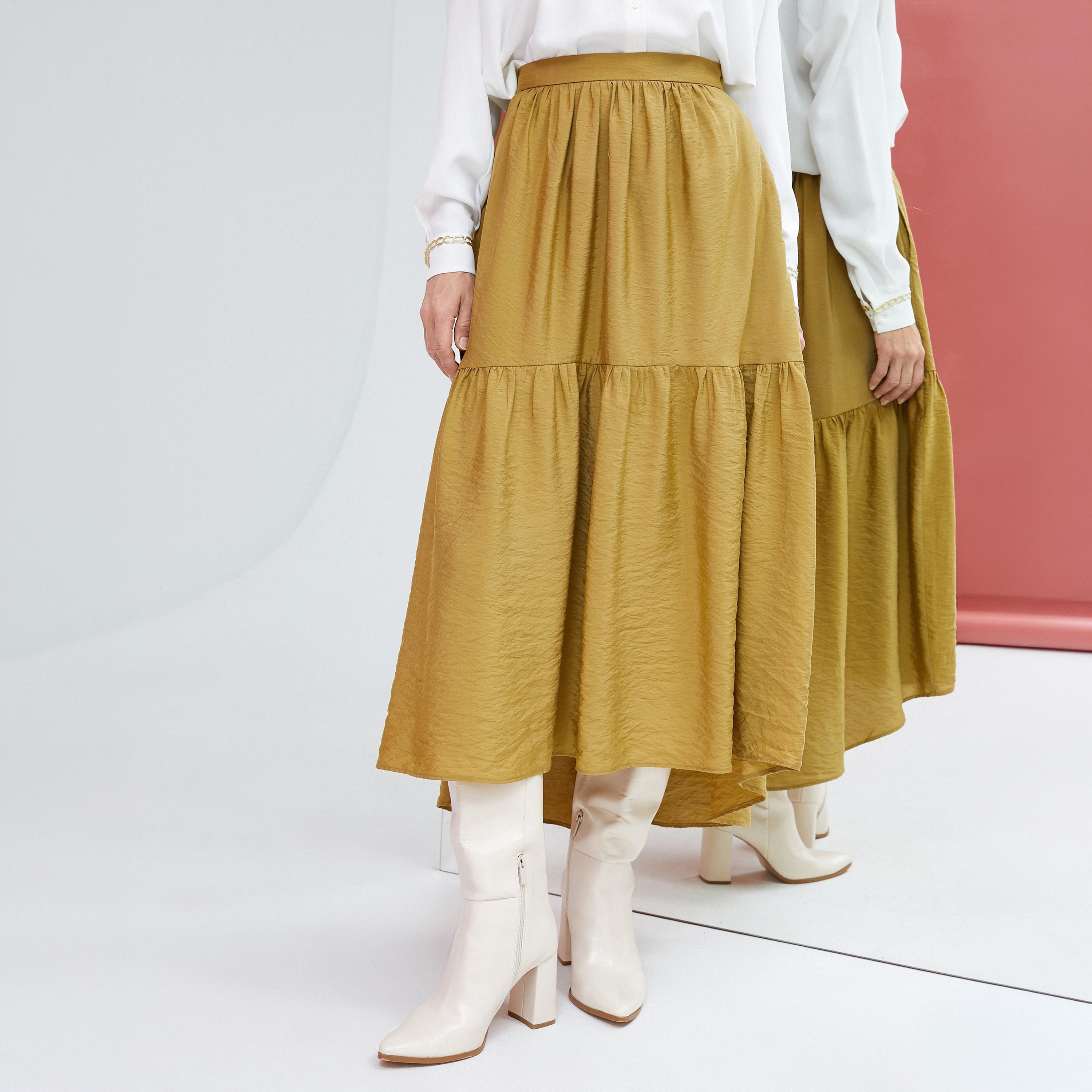 KOTON Olive Textured Tissued Tiered Women's Skirt-women-clothing-bottoms-skirts-image-1