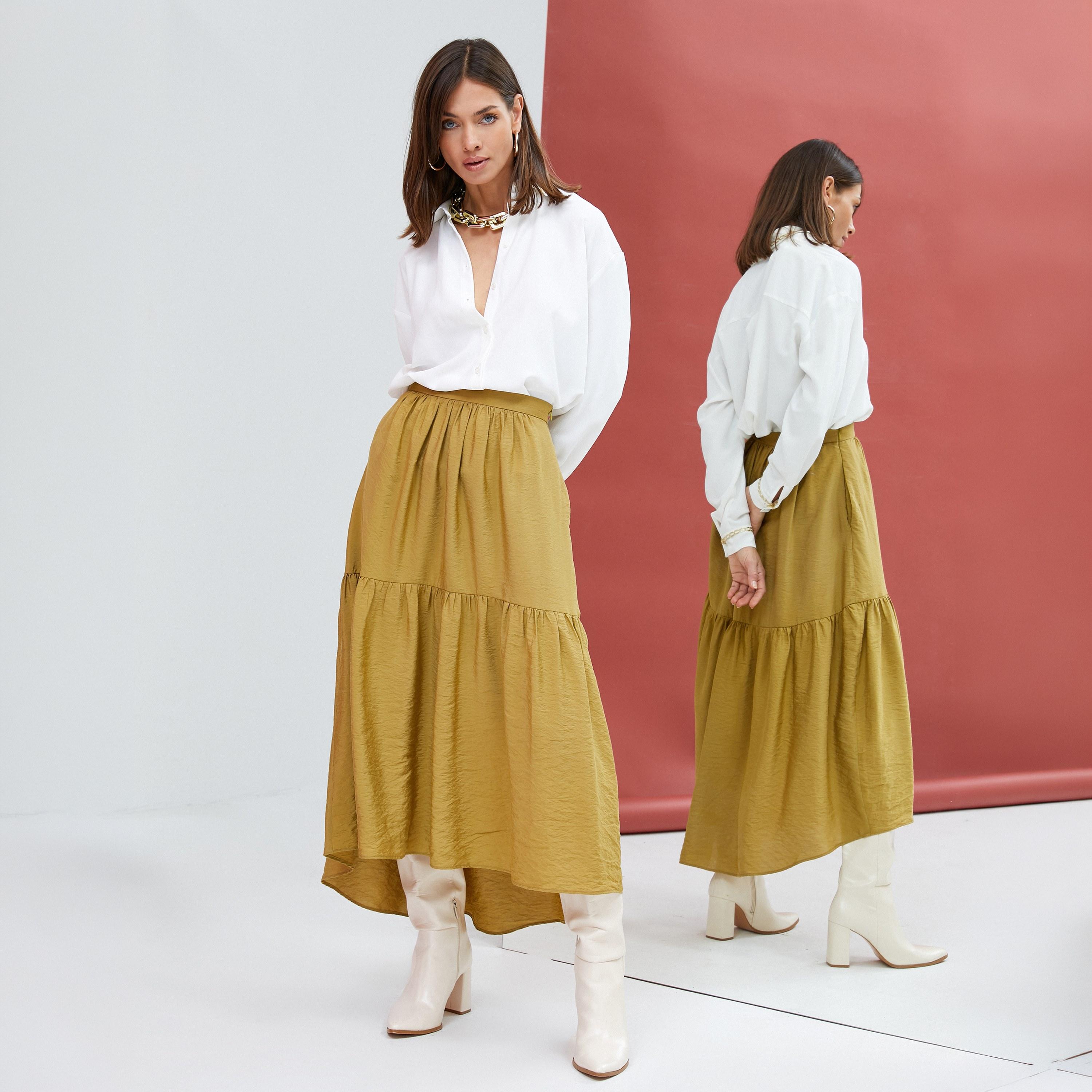KOTON Olive Textured Tissued Tiered Women's Skirt-women-clothing-bottoms-skirts-image-2