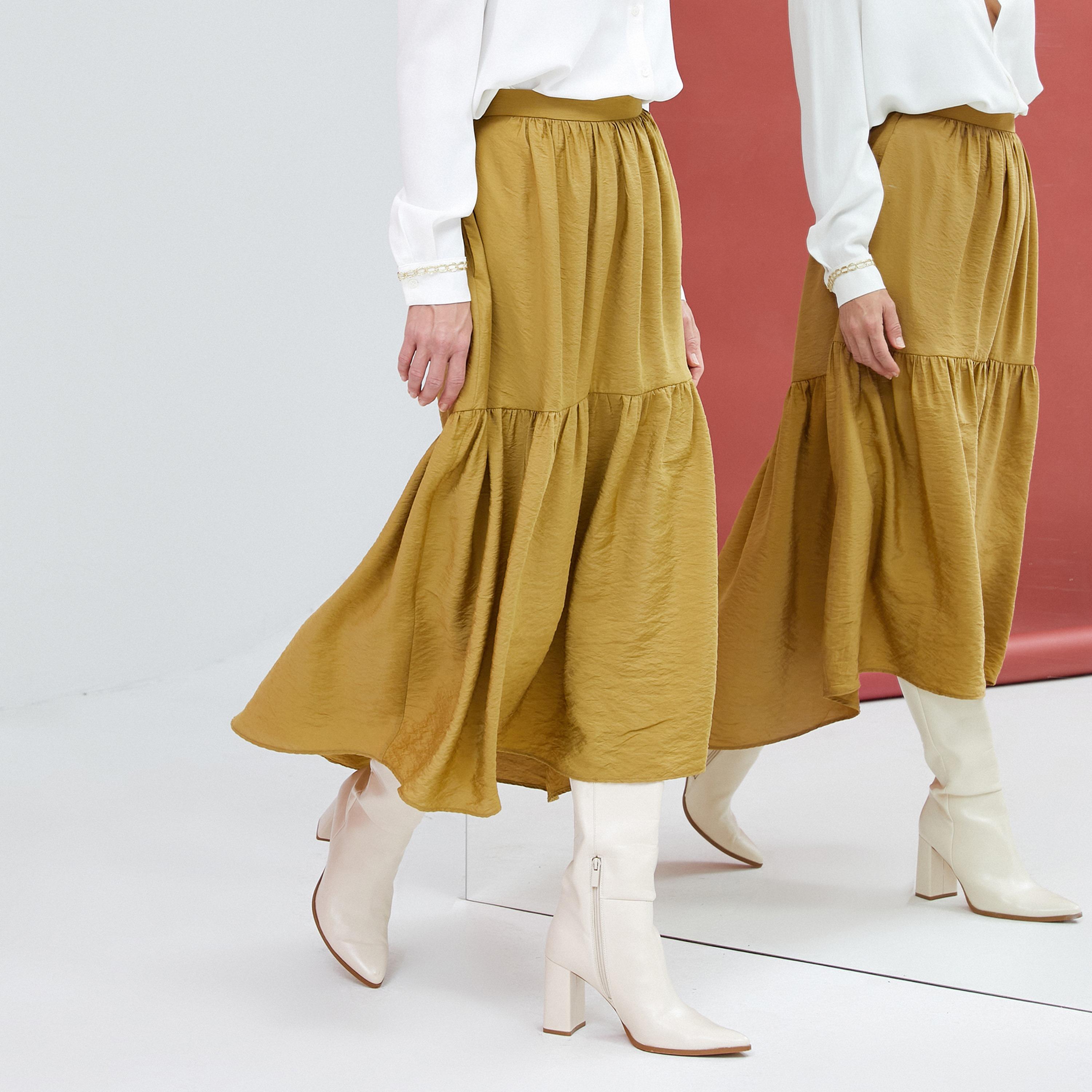 KOTON Olive Textured Tissued Tiered Women's Skirt-women-clothing-bottoms-skirts-image-3