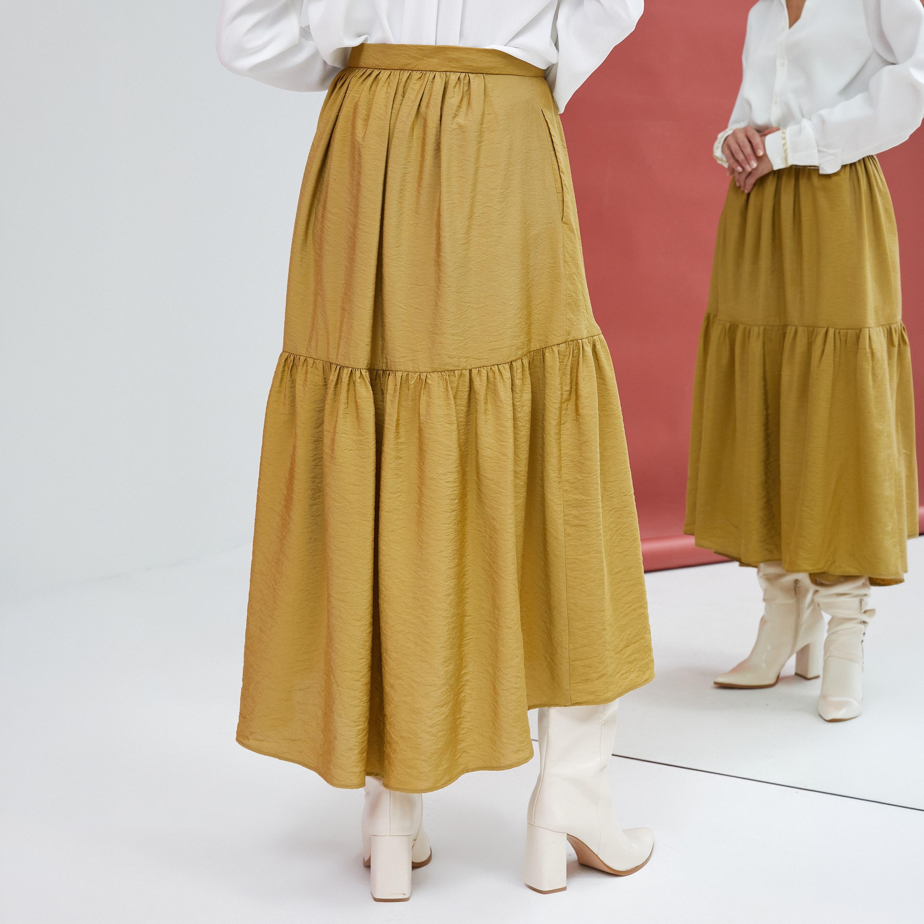 KOTON Olive Textured Tissued Tiered Women's Skirt-women-clothing-bottoms-skirts-image-4