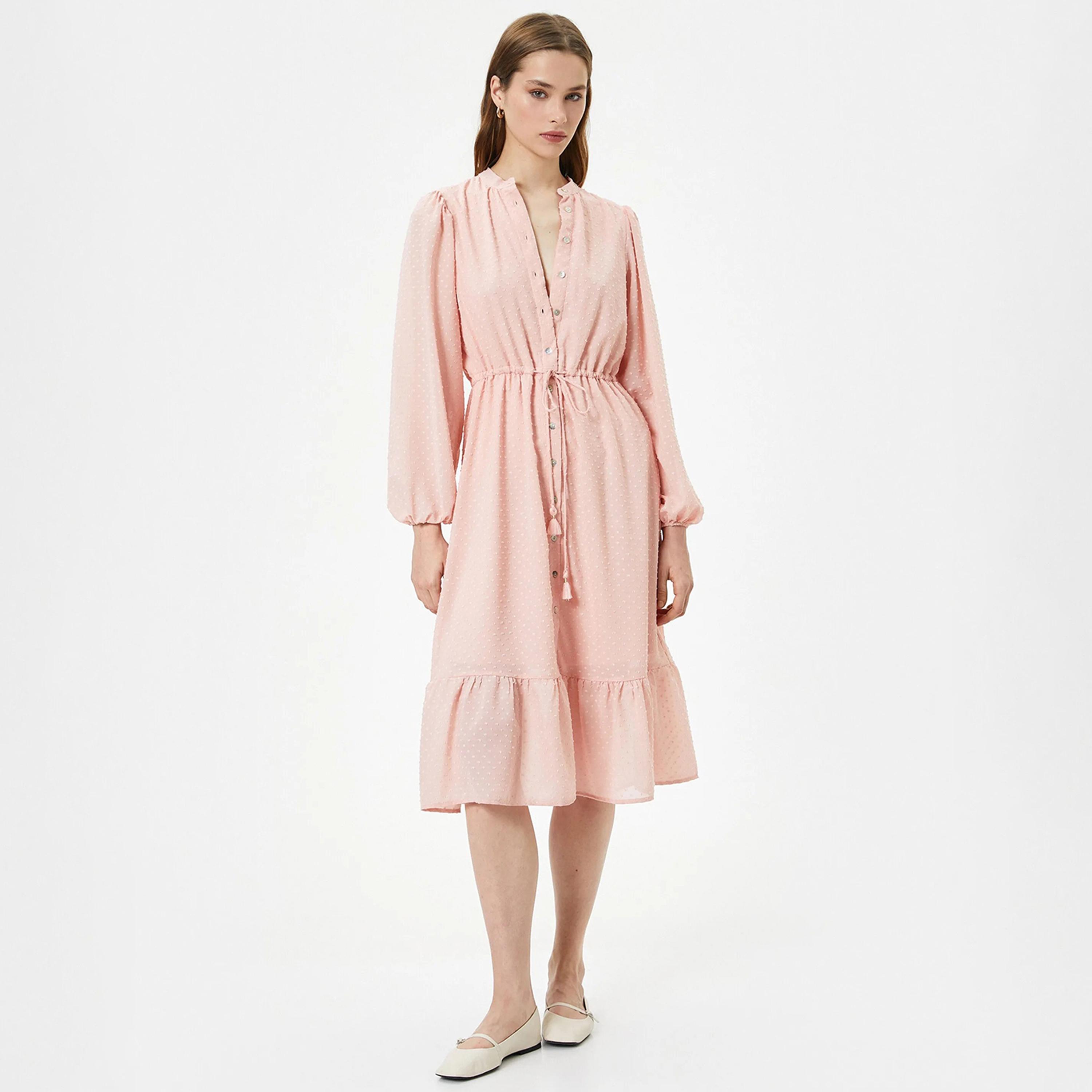 KOTON Pink Dobby Mandarin Balloon Sleeves Women's Midi Shirt Dress-women-clothing-dresses-image-1