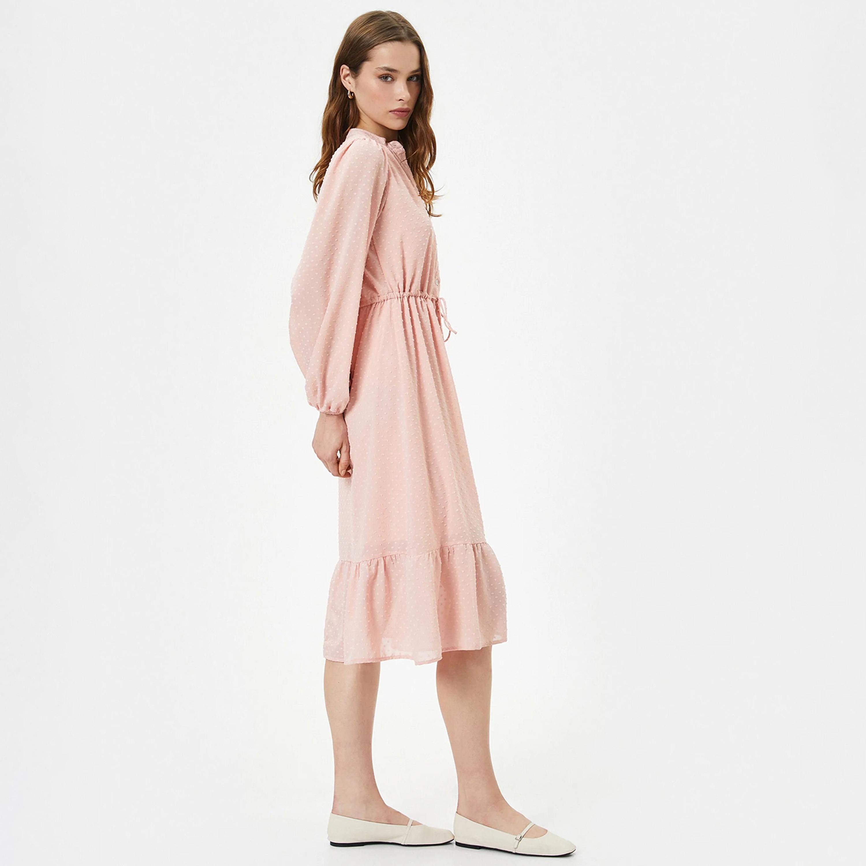 فستان قميص نسائي متوسط الطول بأكمام منفوخة من الماندرين باللون الوردي من كوتون-women-clothing-dresses-image-2
