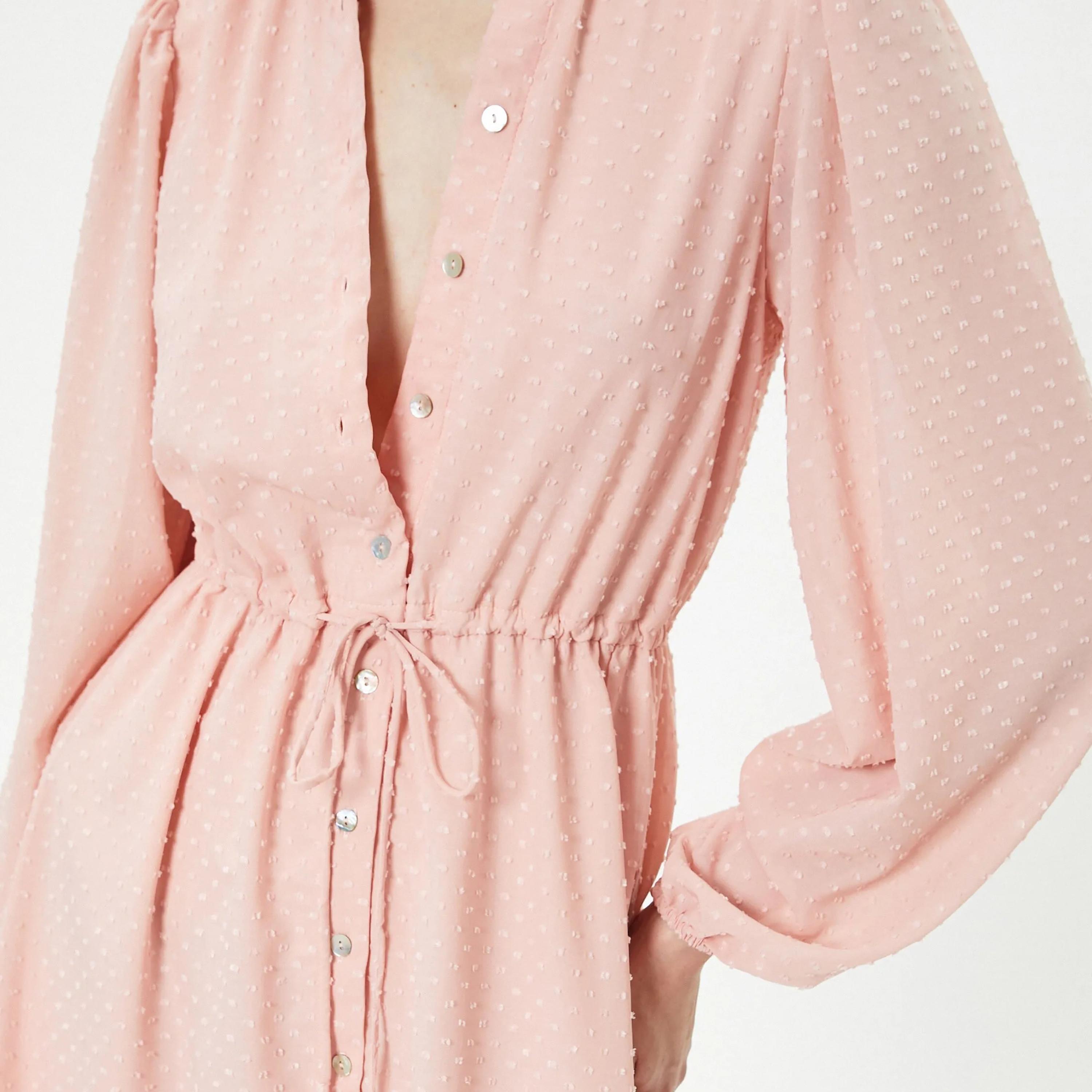 KOTON Pink Dobby Mandarin Balloon Sleeves Women's Midi Shirt Dress-women-clothing-dresses-image-4
