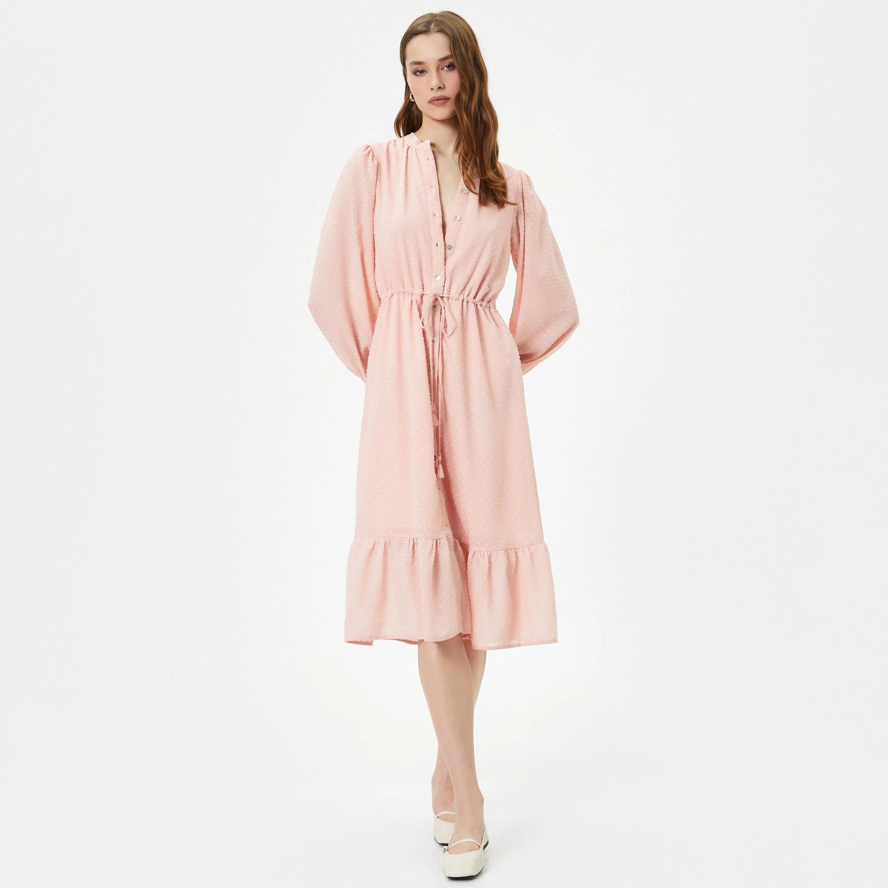 فستان قميص نسائي متوسط الطول بأكمام منفوخة من الماندرين باللون الوردي من كوتون-women-clothing-dresses-image-5