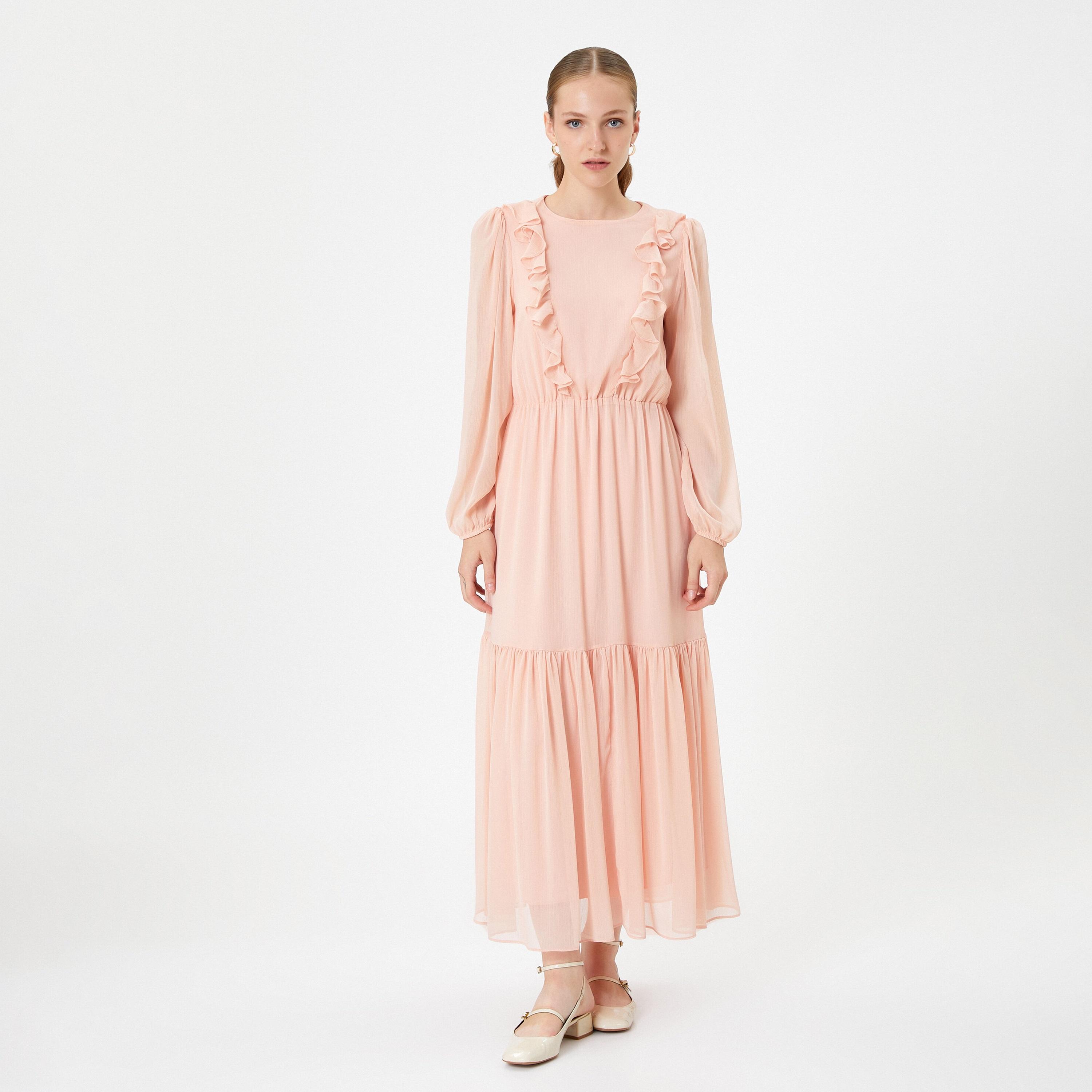 فستان ماكسي نسائي متعدد الطبقات ومكشكش بلون وردي وأكمام منفوخة من كوتون-women-clothing-dresses-image-1