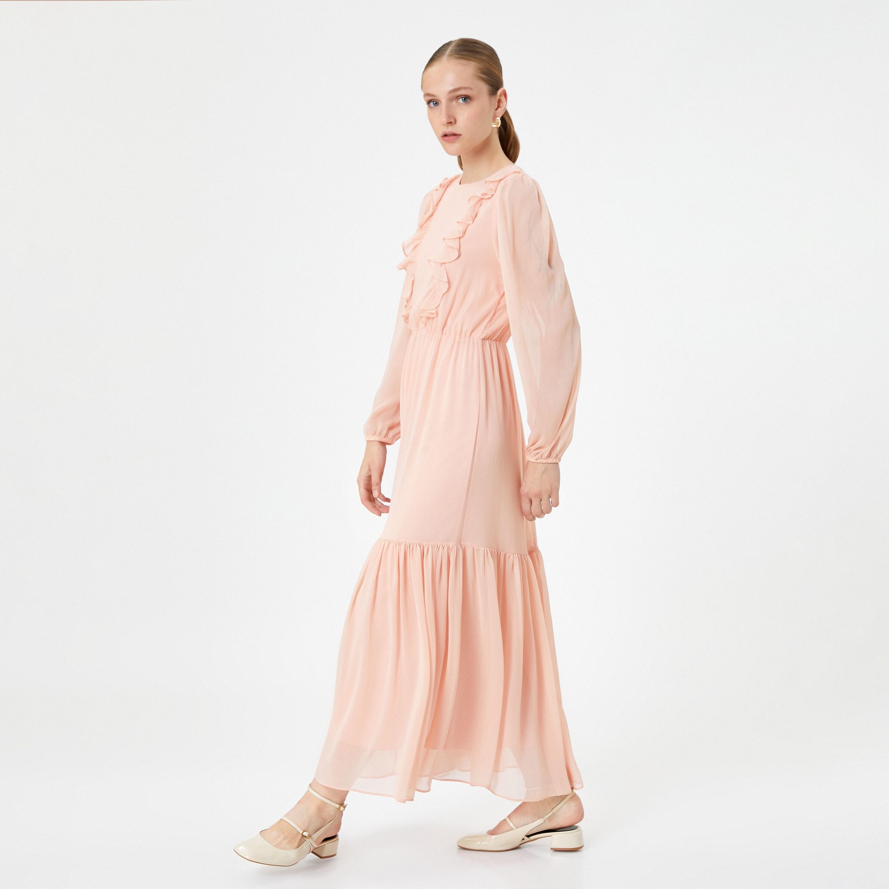 فستان ماكسي نسائي متعدد الطبقات ومكشكش بلون وردي وأكمام منفوخة من كوتون-women-clothing-dresses-image-2