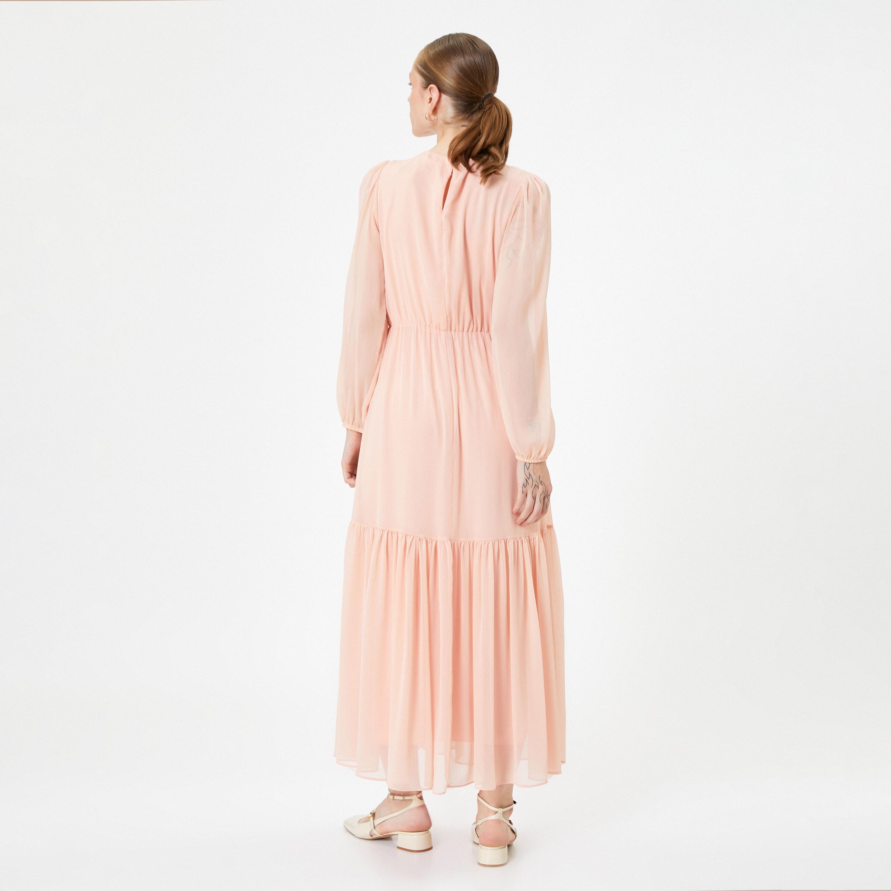KOTON Pink Ruffled Puff Sleeves Tiered Women's Maxi Dress-women-clothing-dresses-image-3