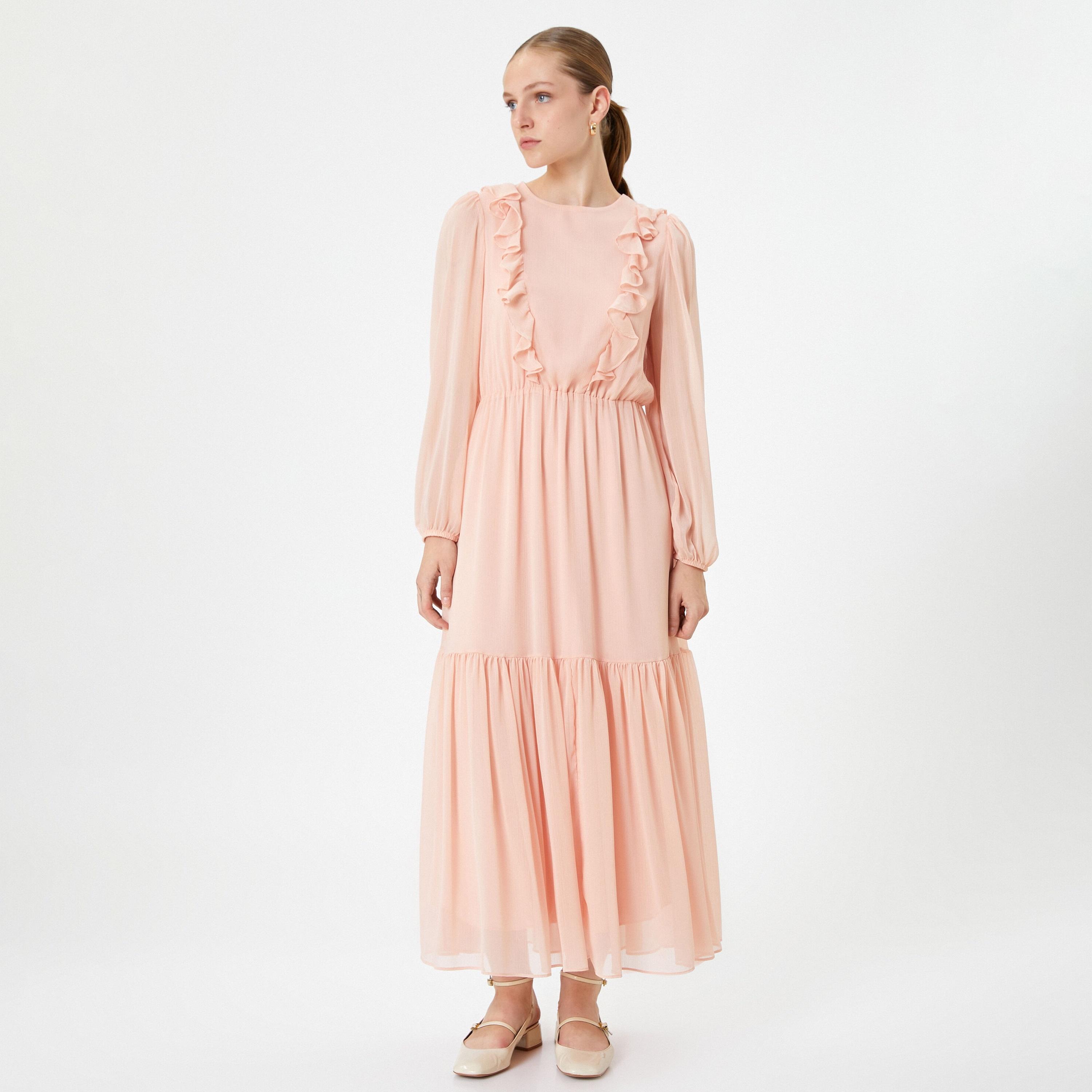 فستان ماكسي نسائي متعدد الطبقات ومكشكش بلون وردي وأكمام منفوخة من كوتون-women-clothing-dresses-image-4
