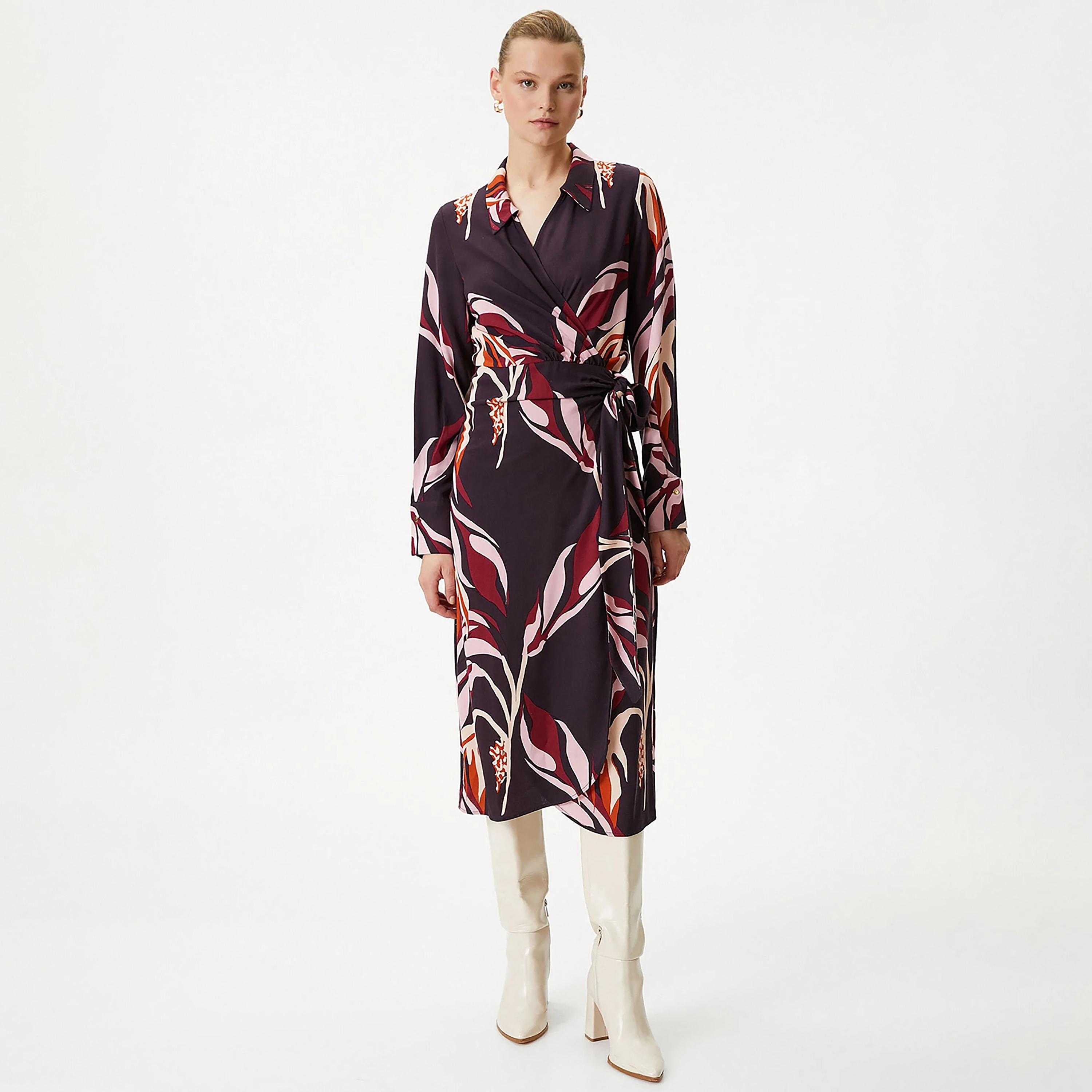 KOTON Red Printed Viscose Collared Cuffed Sleeves Wrap Women's Midi Dress-women-clothing-dresses-image-1