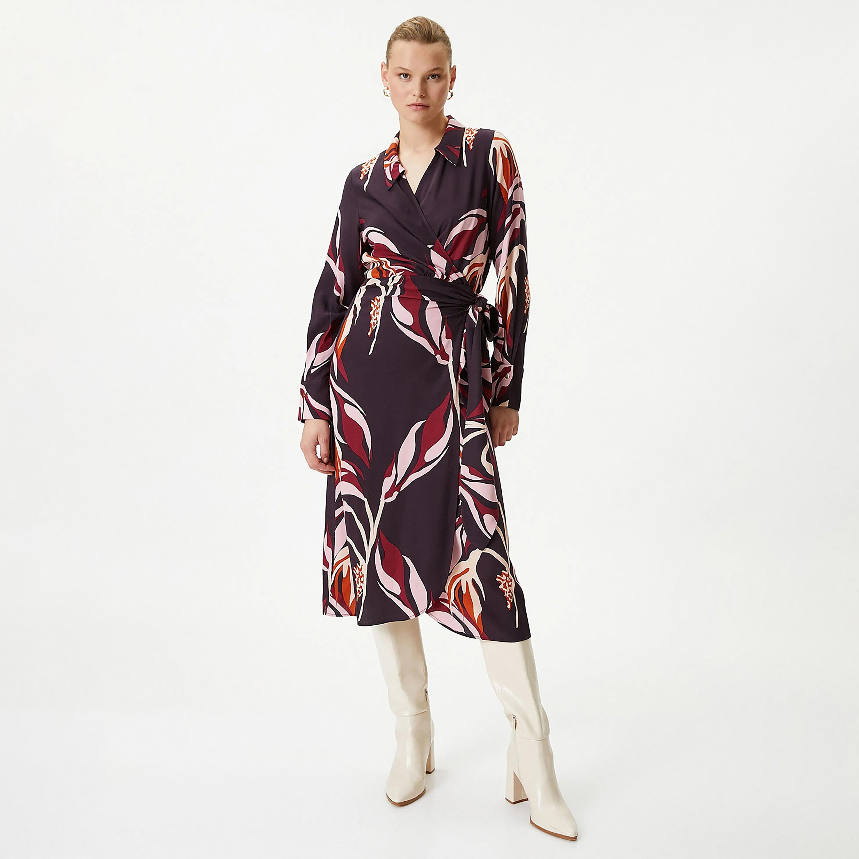 KOTON Red Printed Viscose Collared Cuffed Sleeves Wrap Women's Midi Dress-women-clothing-dresses-image-2