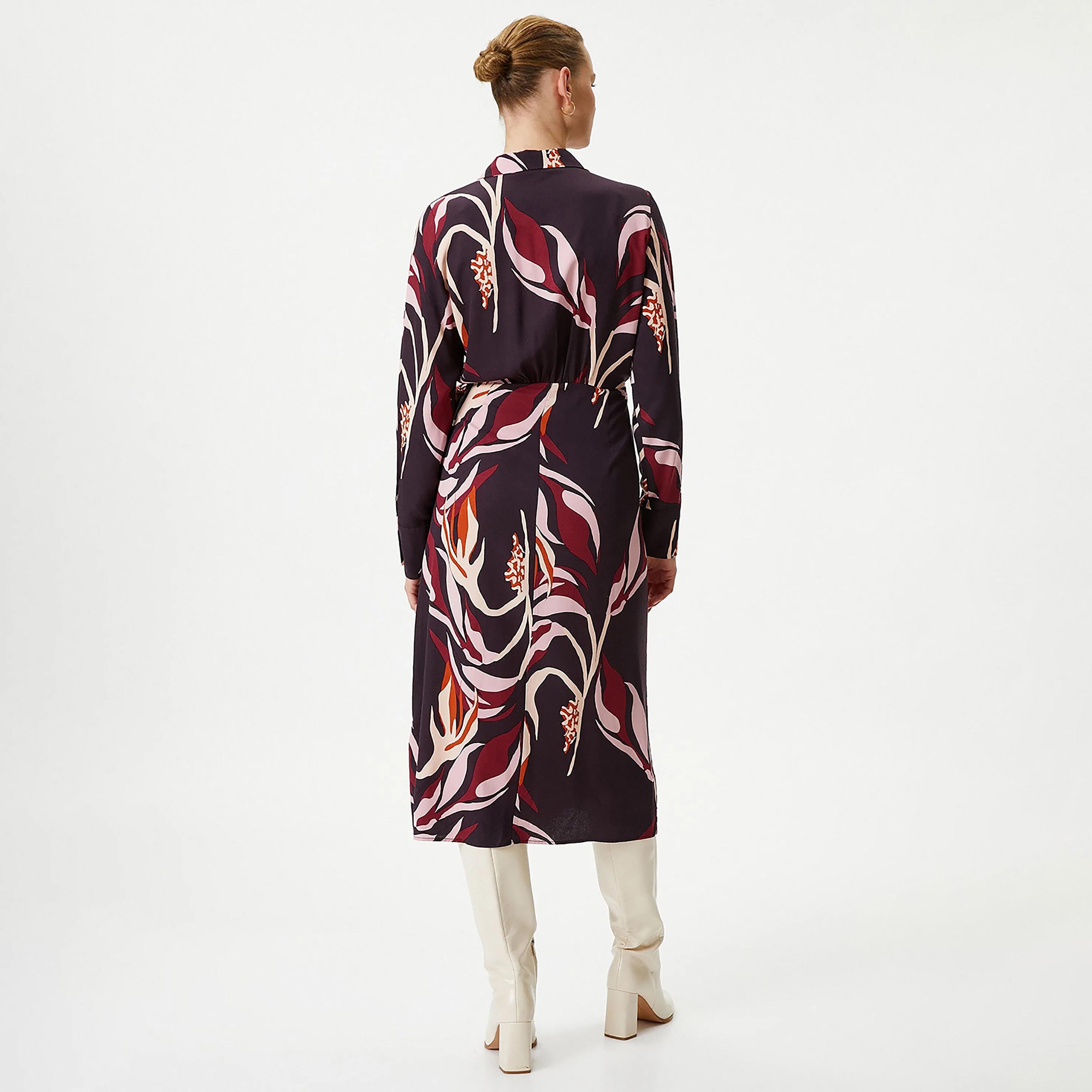 KOTON Red Printed Viscose Collared Cuffed Sleeves Wrap Women's Midi Dress-women-clothing-dresses-image-3