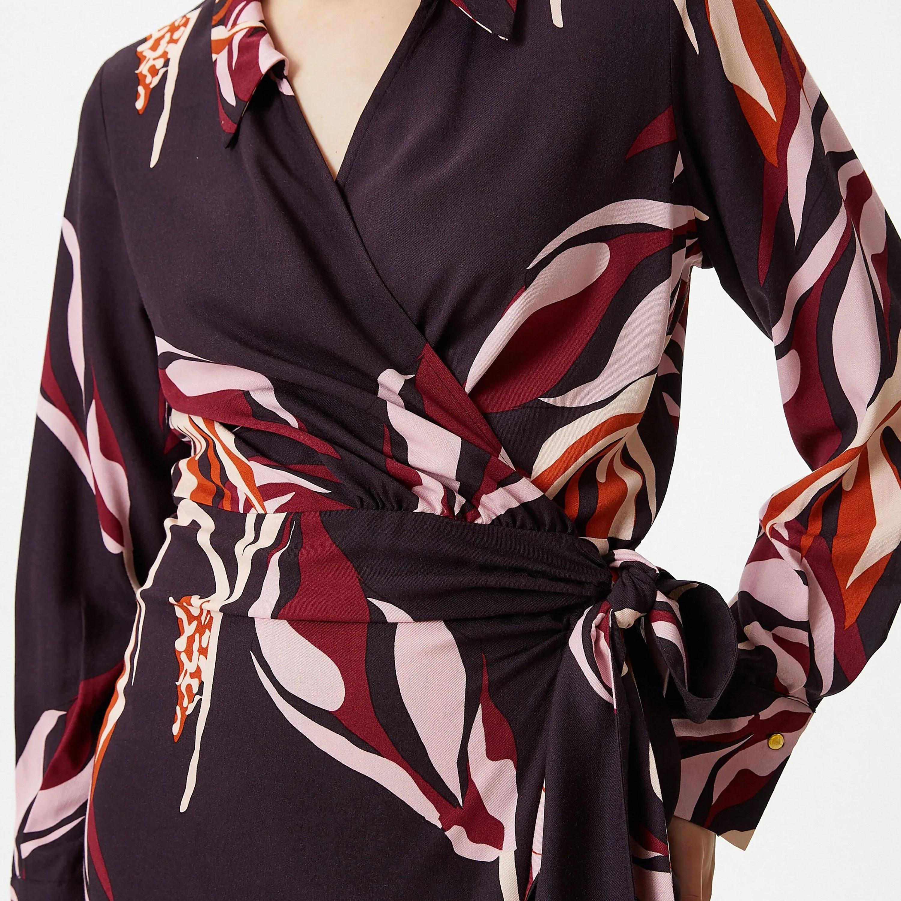 KOTON Red Printed Viscose Collared Cuffed Sleeves Wrap Women's Midi Dress-women-clothing-dresses-image-4