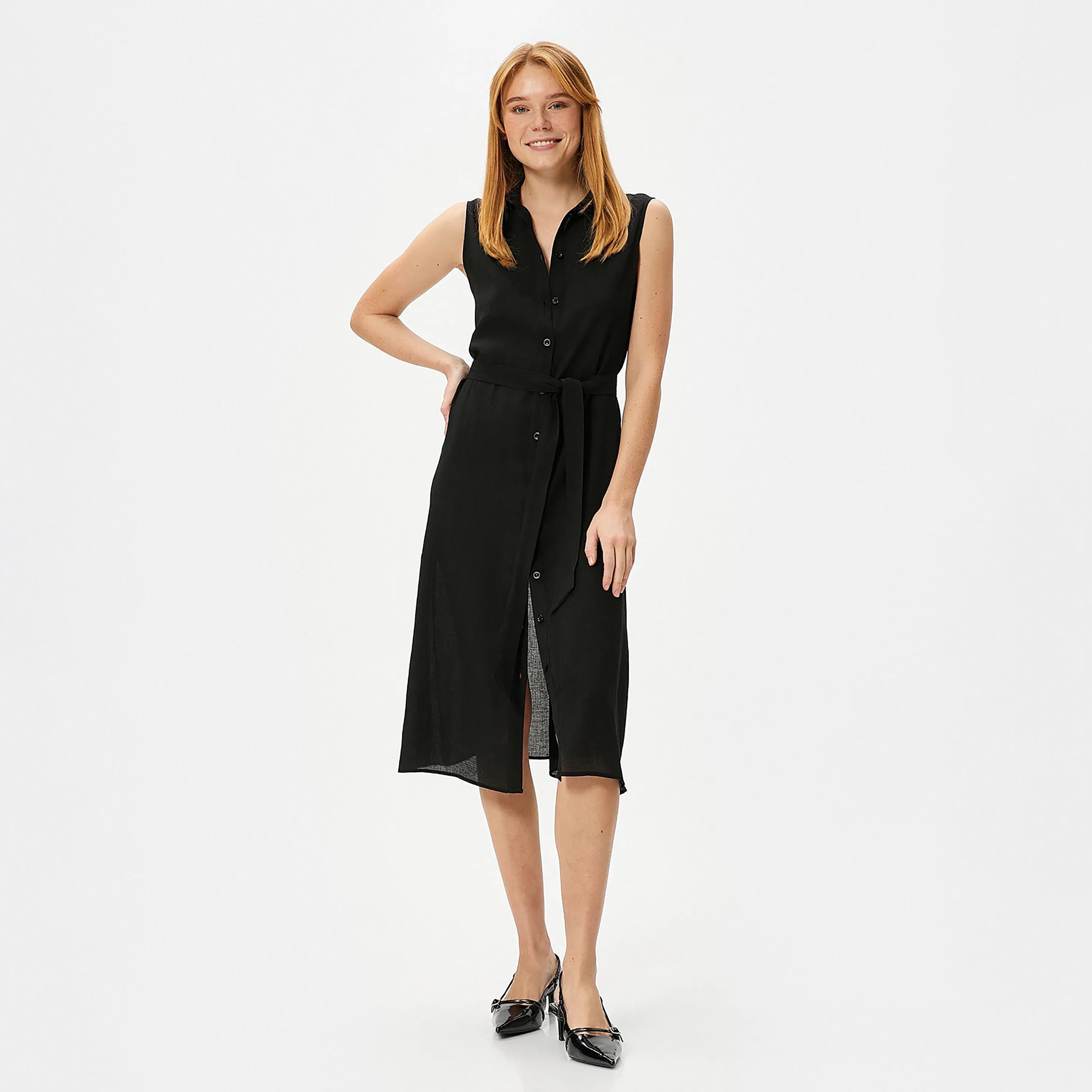 فستان قميص نسائي متوسط الطول أسود اللون بياقة سادة من كوتون-women-clothing-dresses-image-1